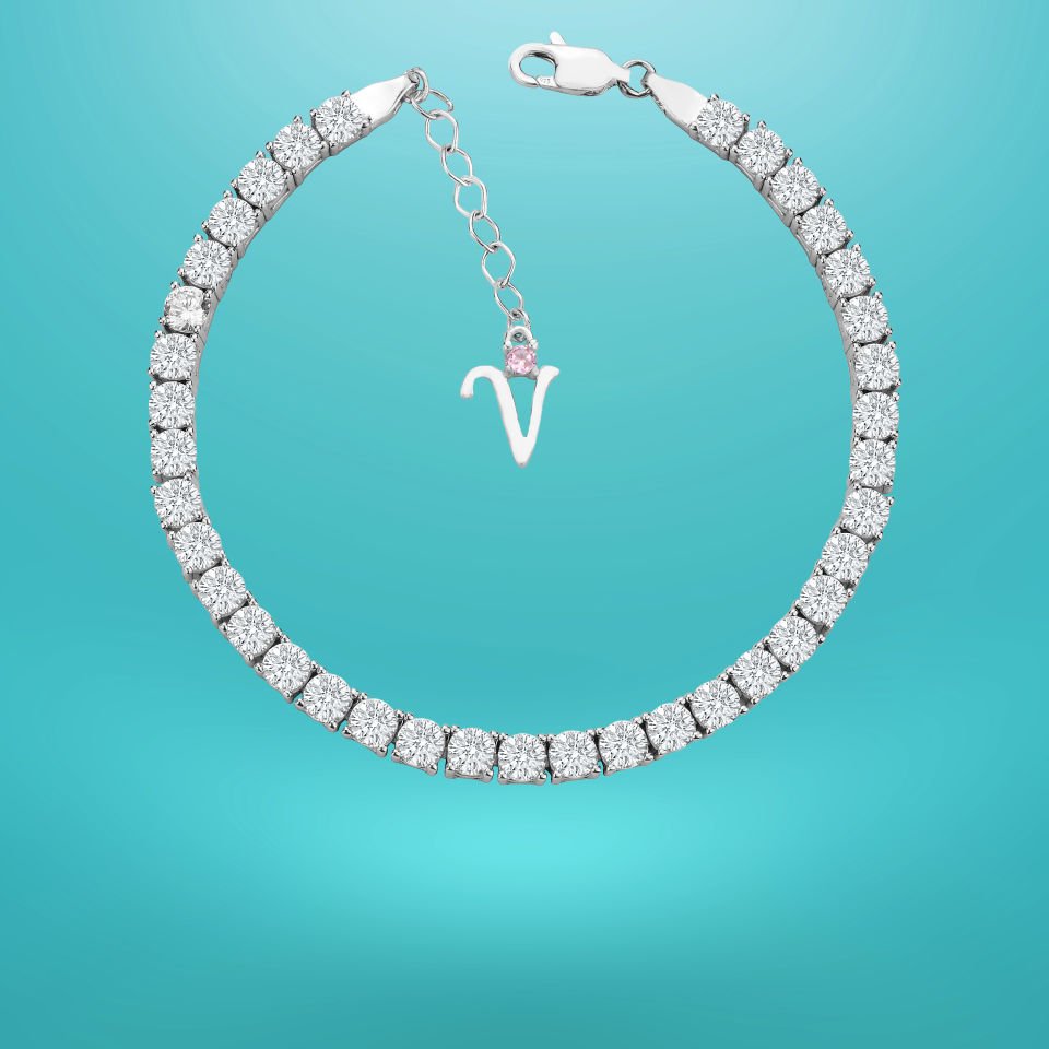 925 Ayar Gümüş 4 MM Pırlanta Taşlı Zincir Harfli Su Yolu Bileklik V