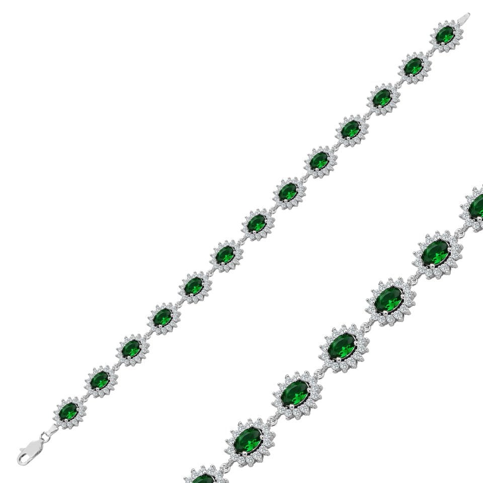 925 Ayar Gümüş Ful Yeşil Taşlı Çiçek Model Harfli Su Yolu Bileklik