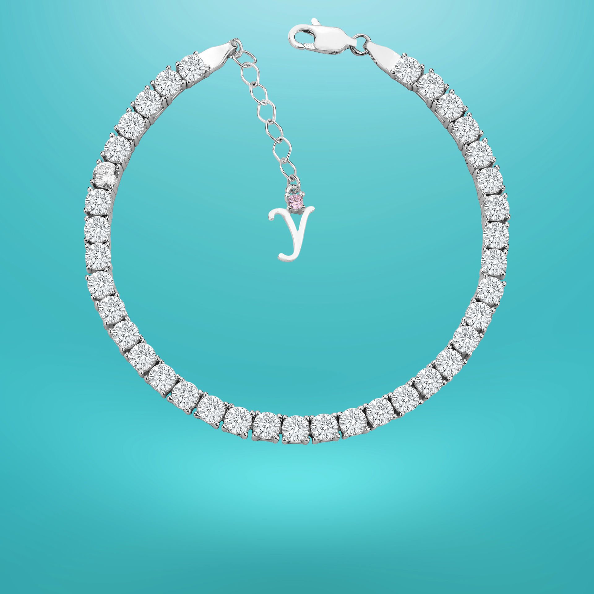 925 Ayar Gümüş 4 MM Pırlanta Taşlı Zincir Harfli Su Yolu Bileklik Y