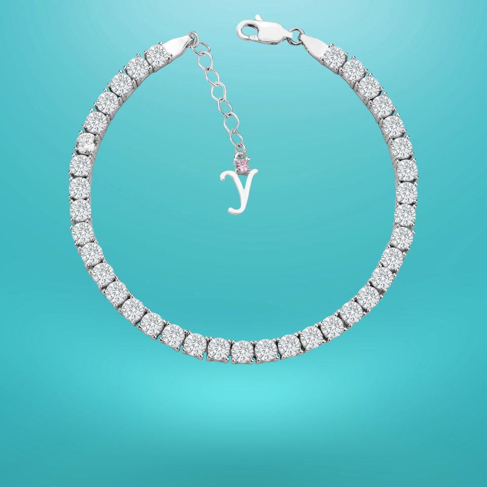 925 Ayar Gümüş 4 MM Pırlanta Taşlı Zincir Harfli Su Yolu Bileklik Y