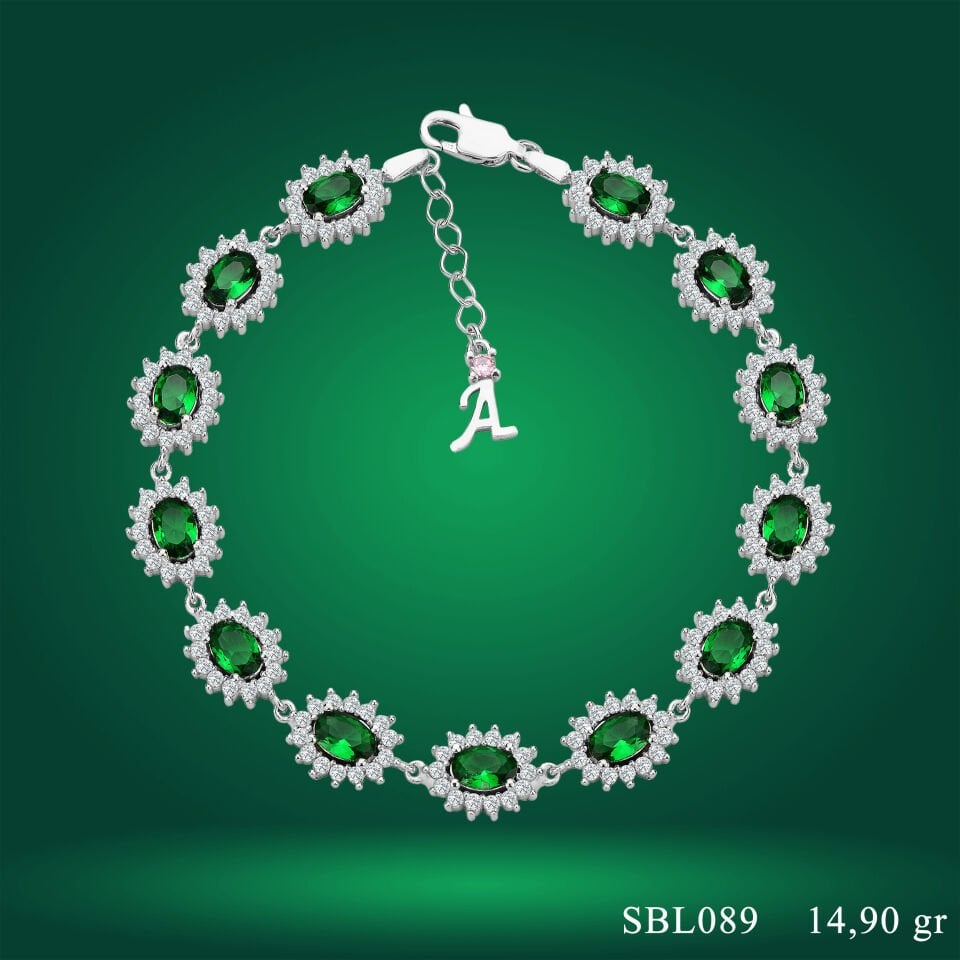 925 Ayar Gümüş Ful Yeşil Taşlı Çiçek Model Harfli Su Yolu Bileklik