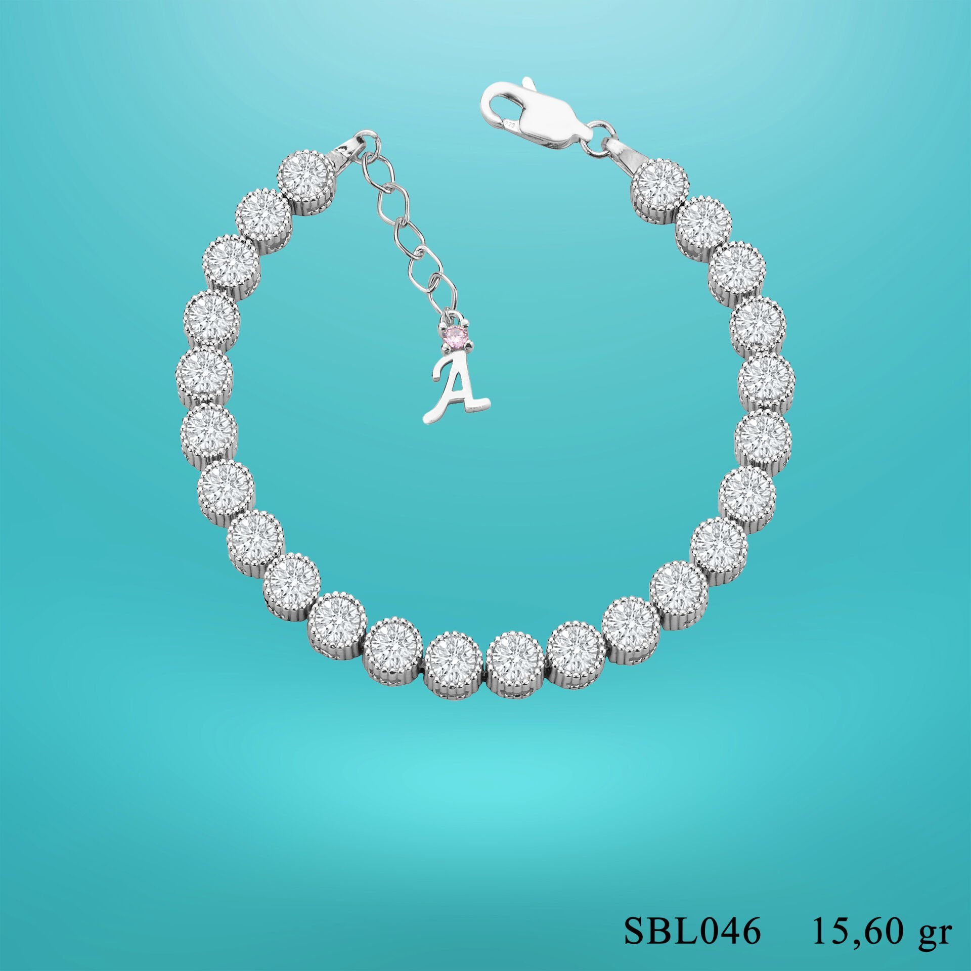 925 Ayar Gümüş 5 MM Pırlanta Taşlı Zincir Harfli Su Yolu Bileklik