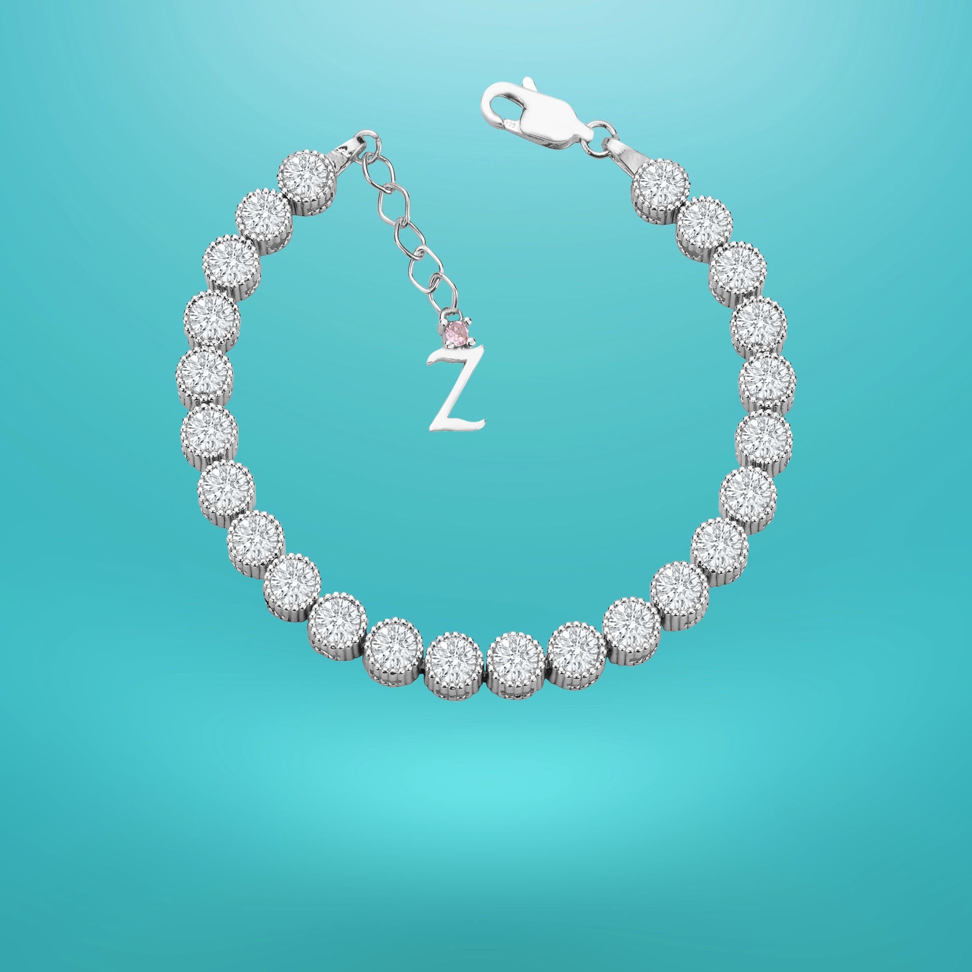 925 Ayar Gümüş 5 MM Pırlanta Taşlı Zincir Harfli Su Yolu Bileklik Z