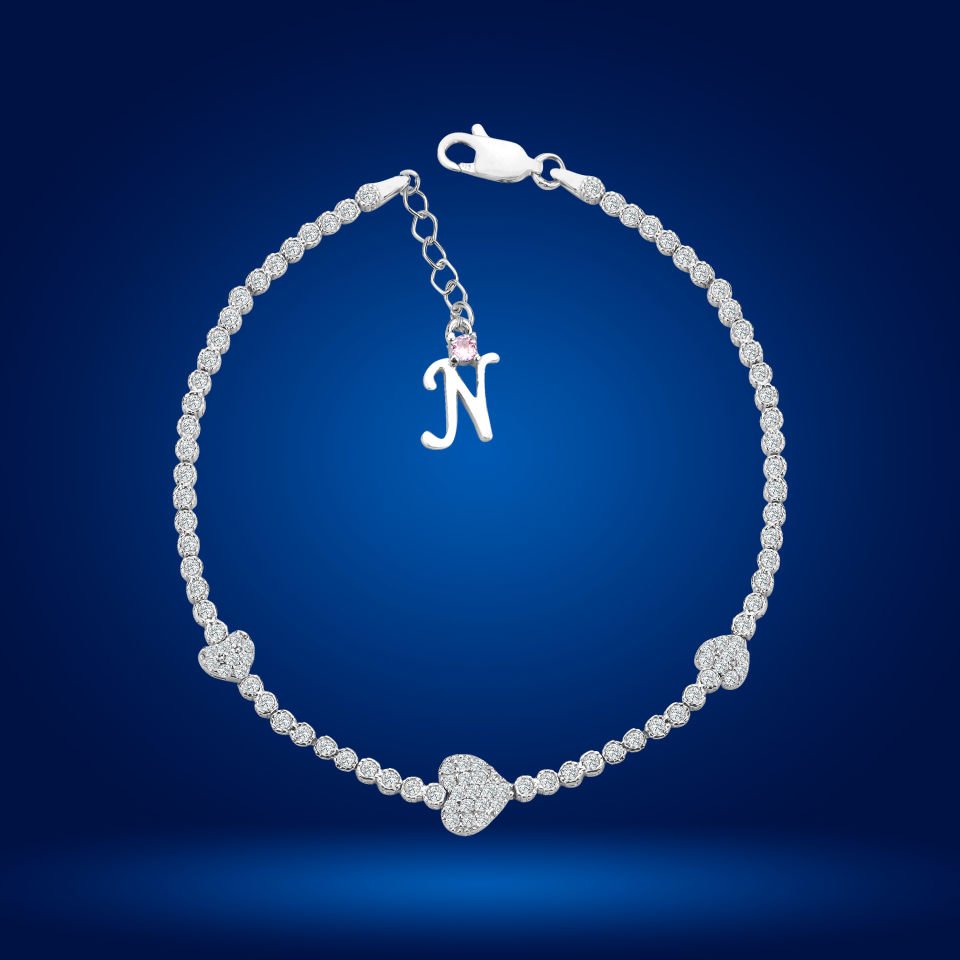 925 Ayar Gümüş Kalp Model Zincir Harfli Su Yolu Bileklik N