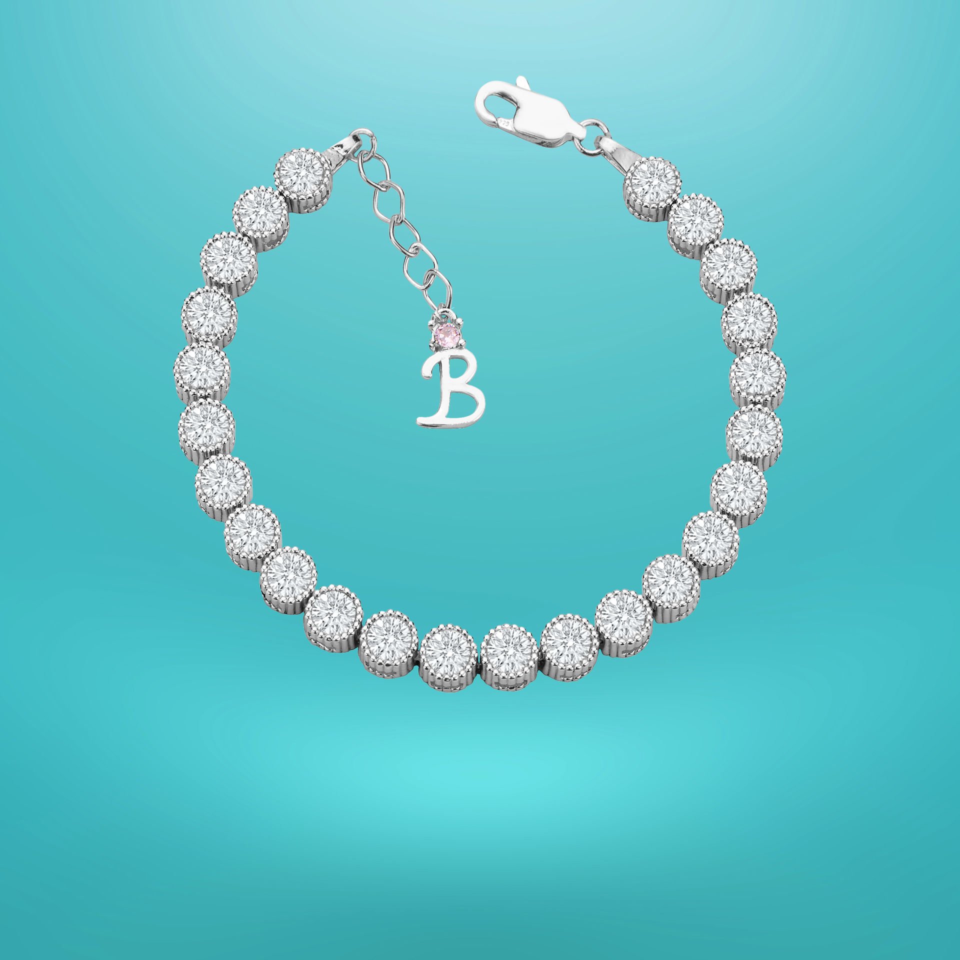 925 Ayar Gümüş 5 MM Pırlanta Taşlı Zincir Harfli Su Yolu Bileklik B