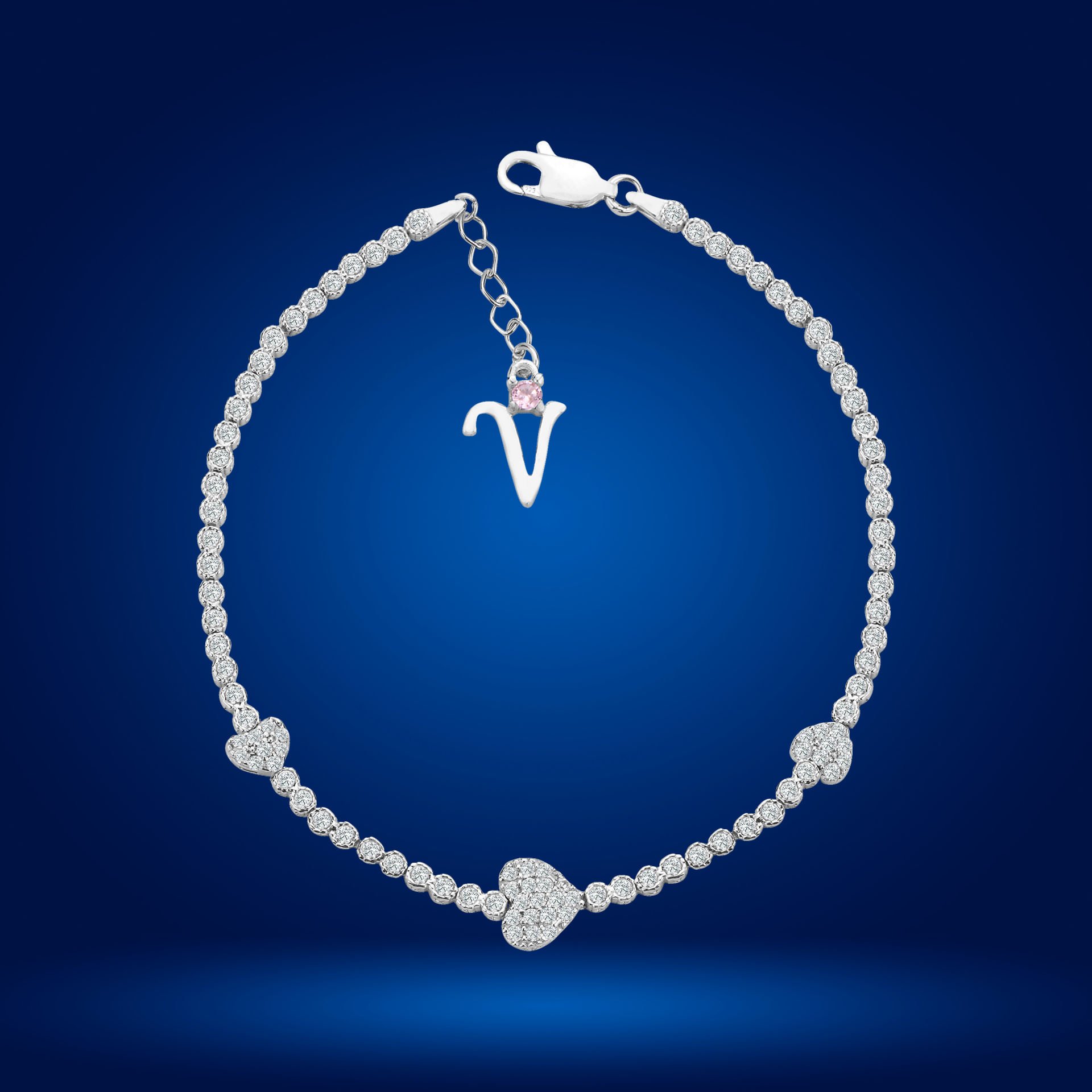 925 Ayar Gümüş Kalp Model Zincir Harfli Su Yolu Bileklik V