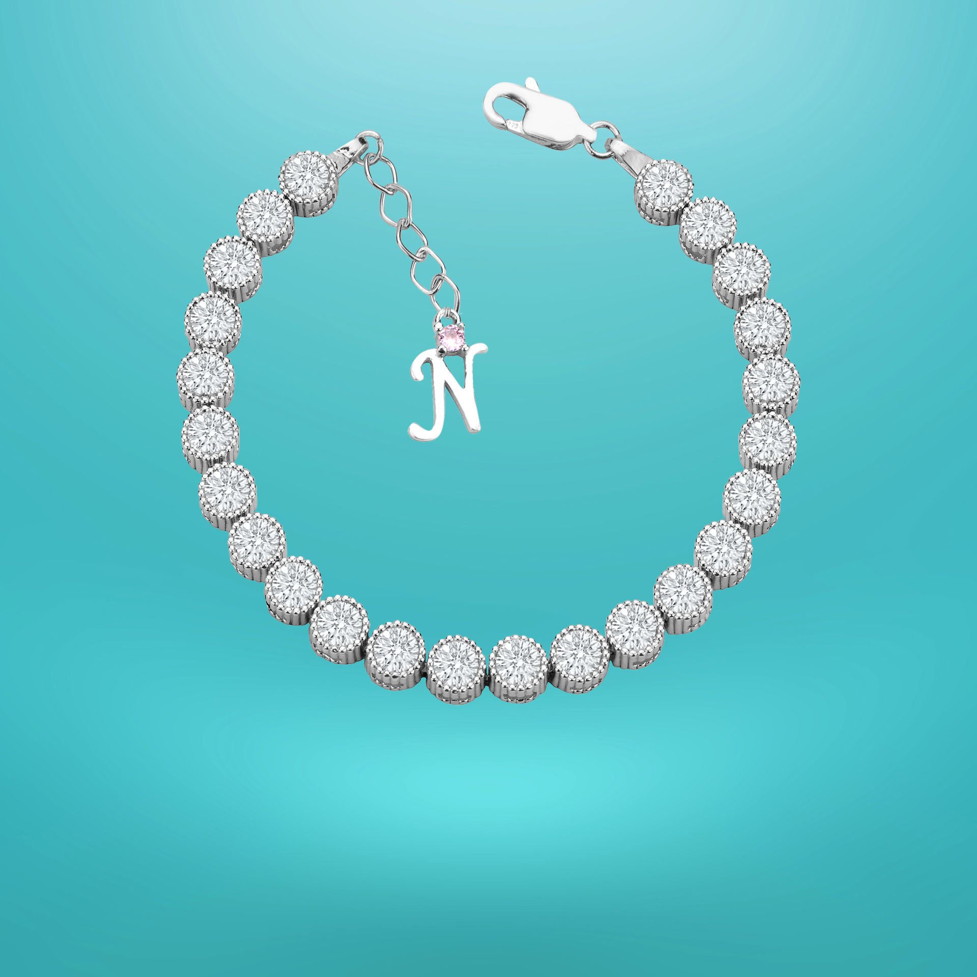 925 Ayar Gümüş 5 MM Pırlanta Taşlı Zincir Harfli Su Yolu Bileklik N