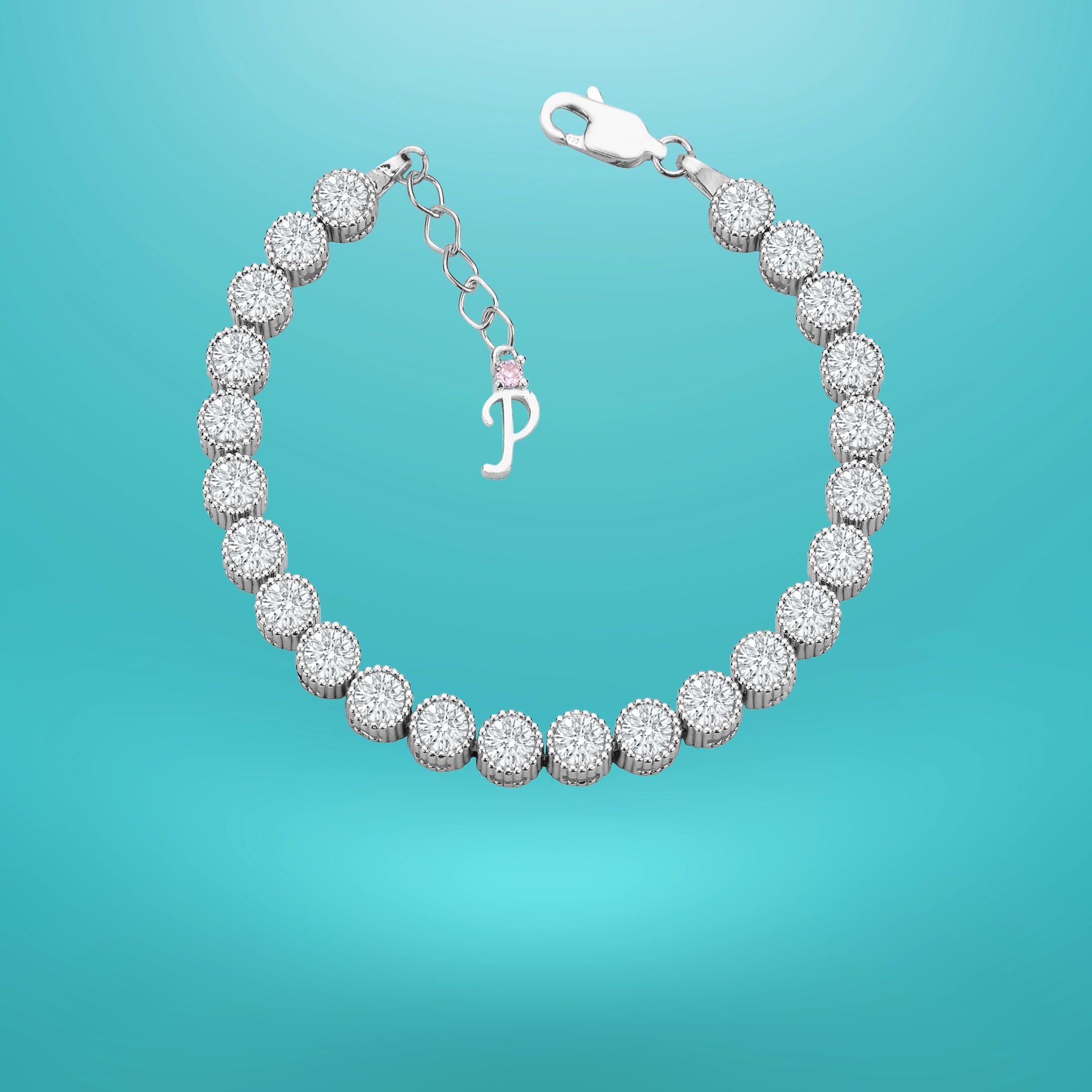 925 Ayar Gümüş 5 MM Pırlanta Taşlı Zincir Harfli Su Yolu Bileklik P