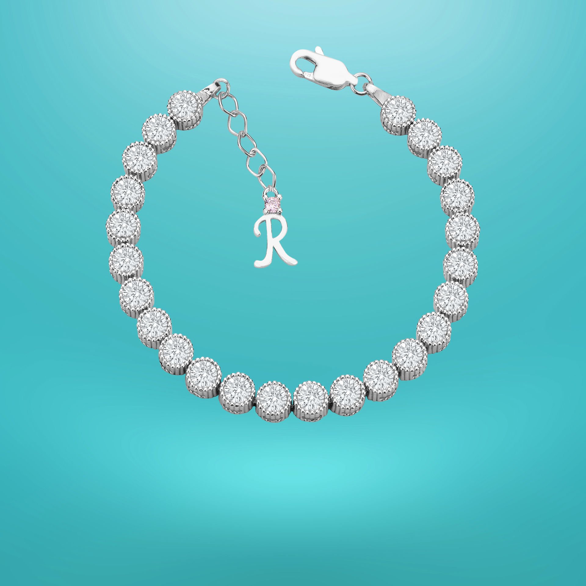 925 Ayar Gümüş 5 MM Pırlanta Taşlı Zincir Harfli Su Yolu Bileklik R