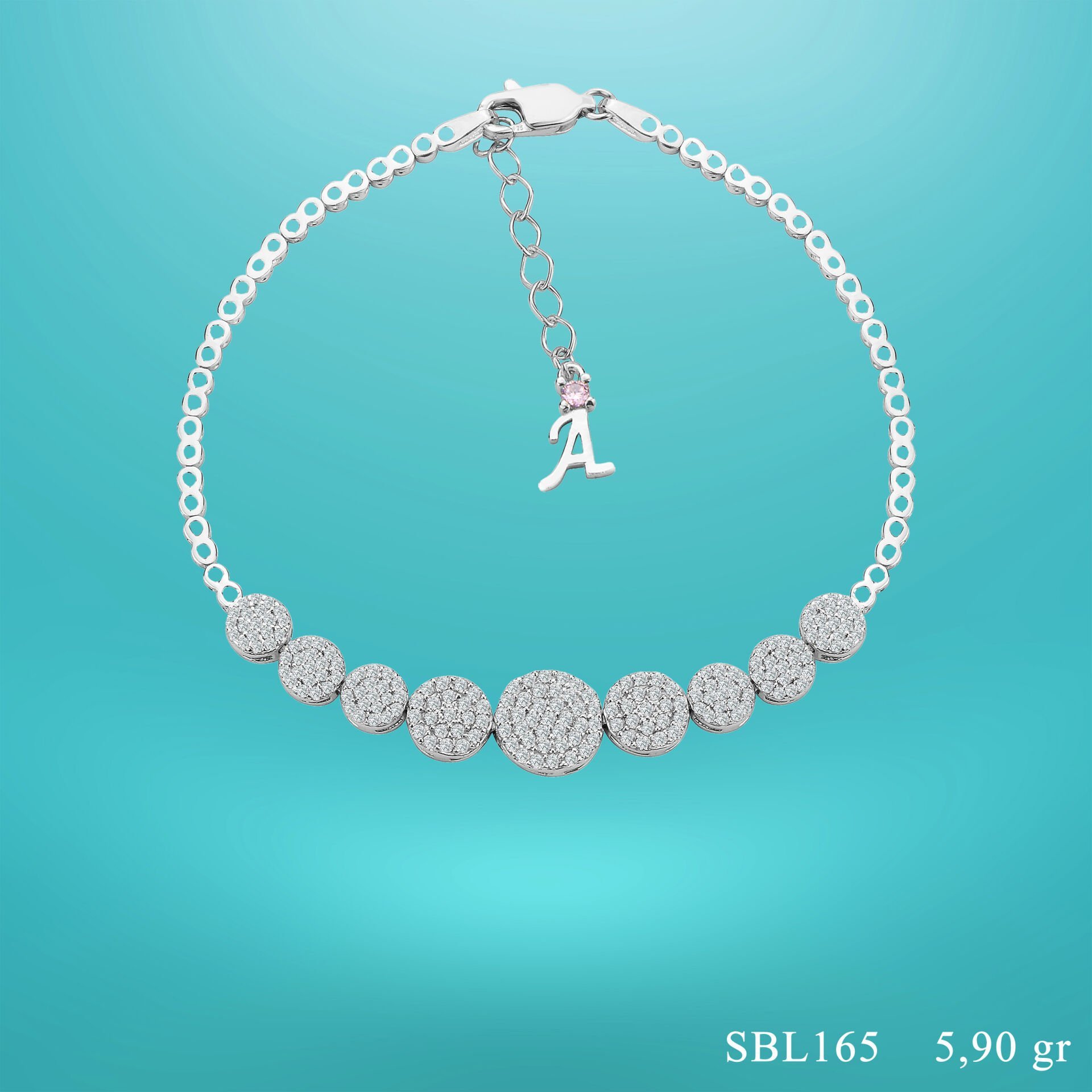 925 Ayar Gümüş Pırlanta Montürlü Zincir Harfli Su Yolu Bileklik