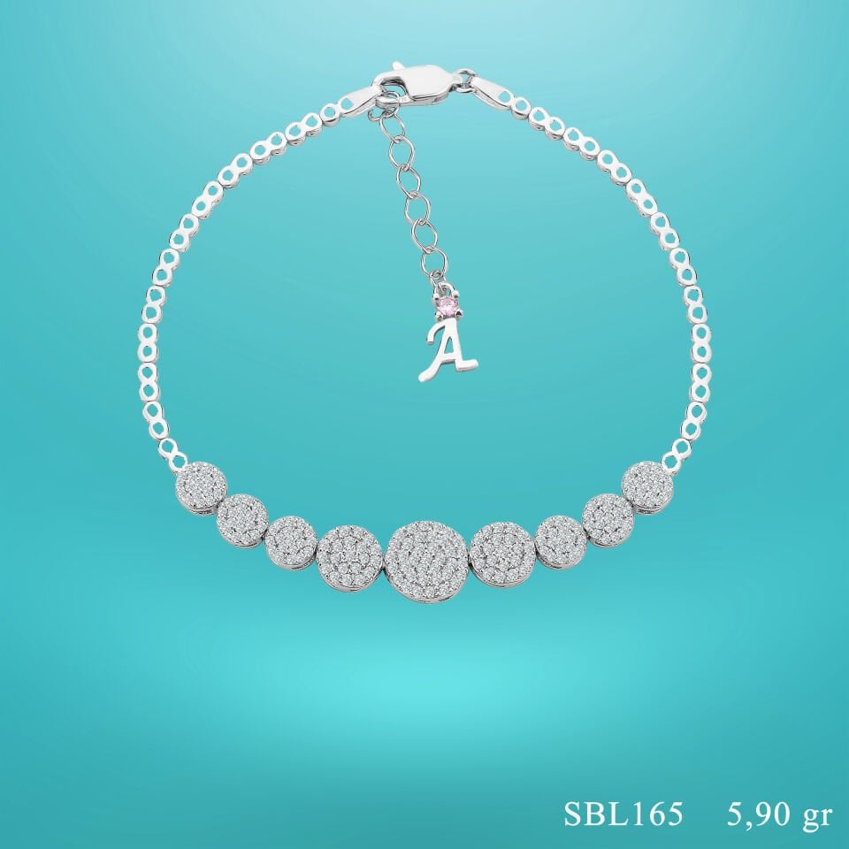 925 Ayar Gümüş Pırlanta Montürlü Zincir Harfli Su Yolu Bileklik