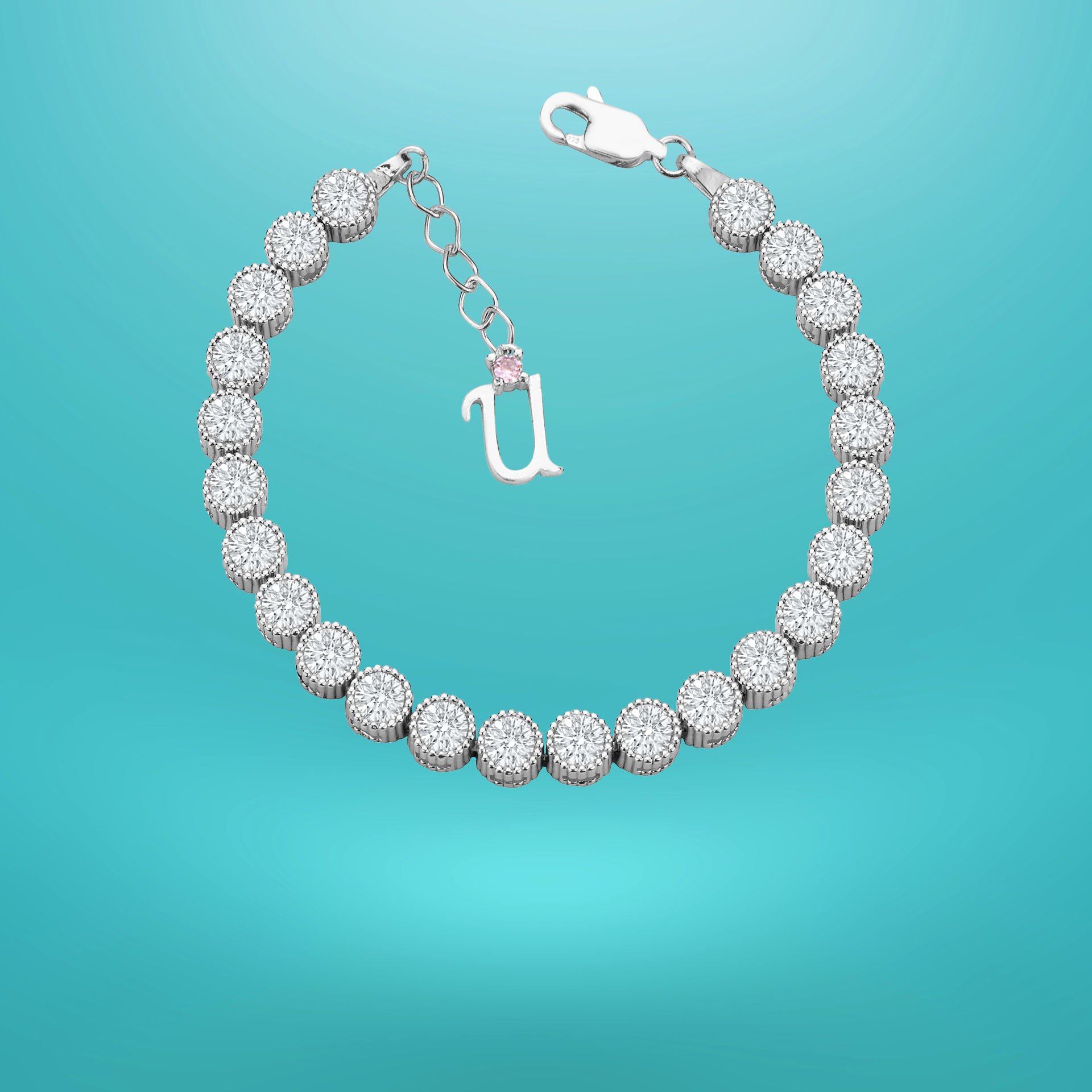 925 Ayar Gümüş 5 MM Pırlanta Taşlı Zincir Harfli Su Yolu Bileklik U