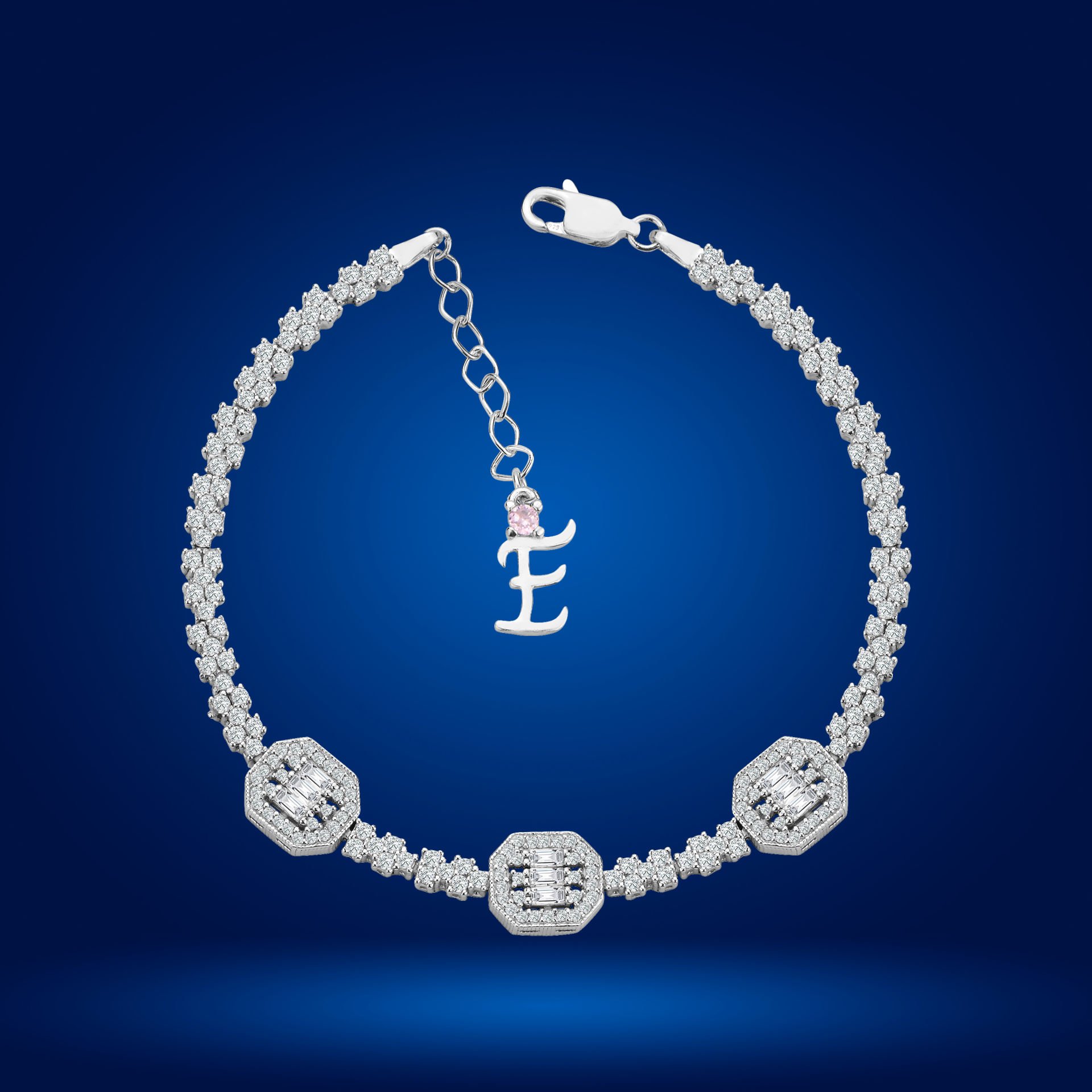 925 Ayar Gümüş Üçlü Baget Model Zincir Harfli Su Yolu Bileklik E