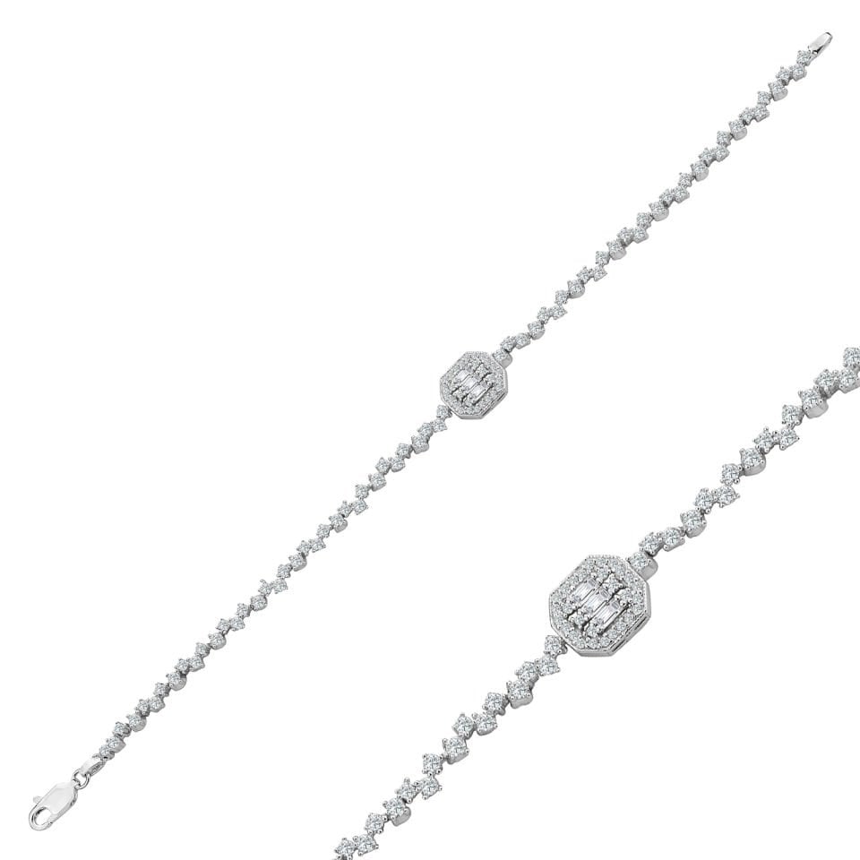 925 Ayar Gümüş Pırlanta Montür Baget Zincir Harfli Su Yolu Bileklik