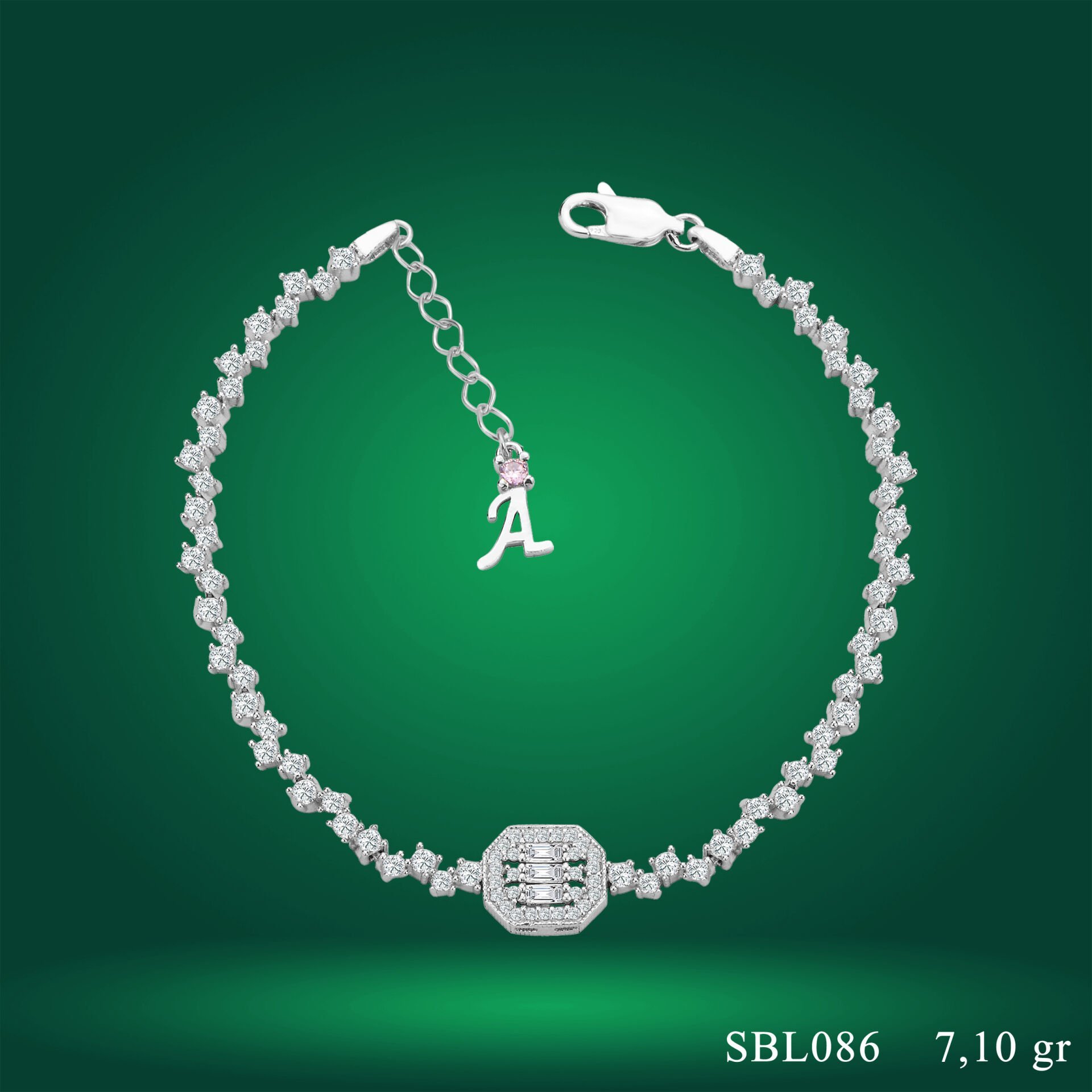 925 Ayar Gümüş Pırlanta Montür Baget Zincir Harfli Su Yolu Bileklik