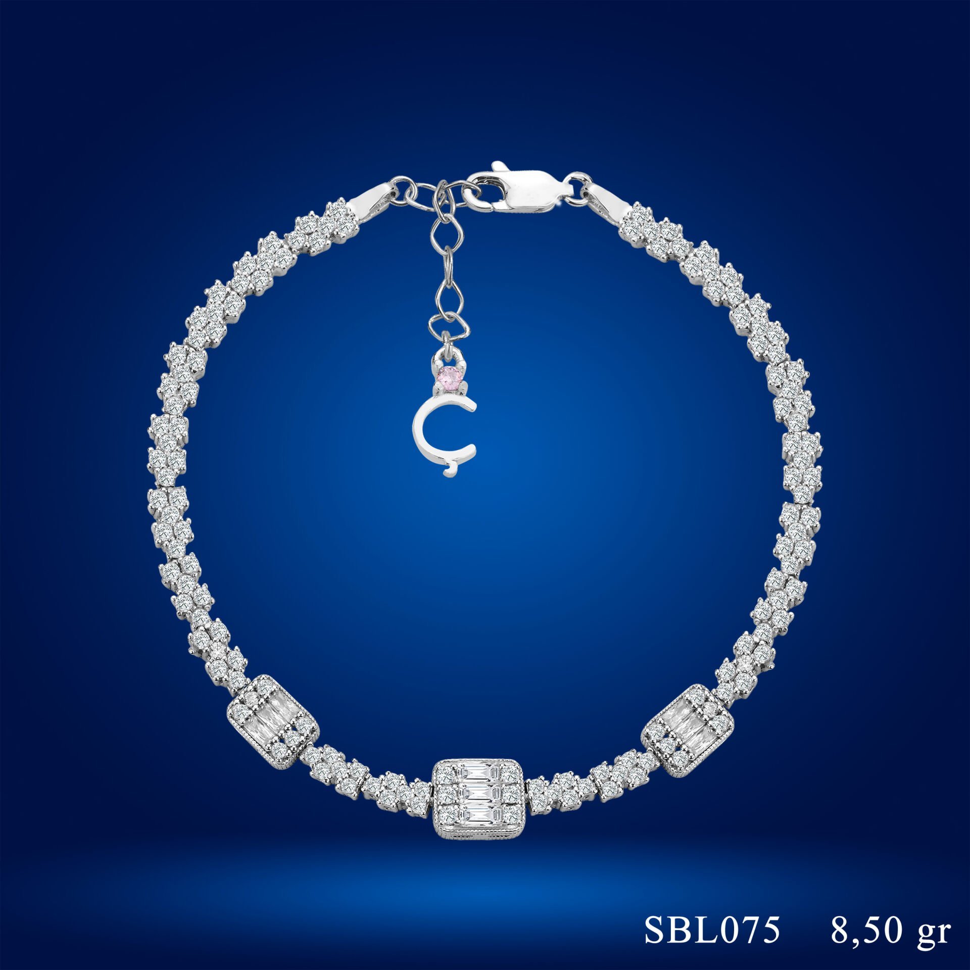 925 Ayar Gümüş Pırlanta Montürlü Baget Taşlı Zincir Harfli Su Yolu Bileklik