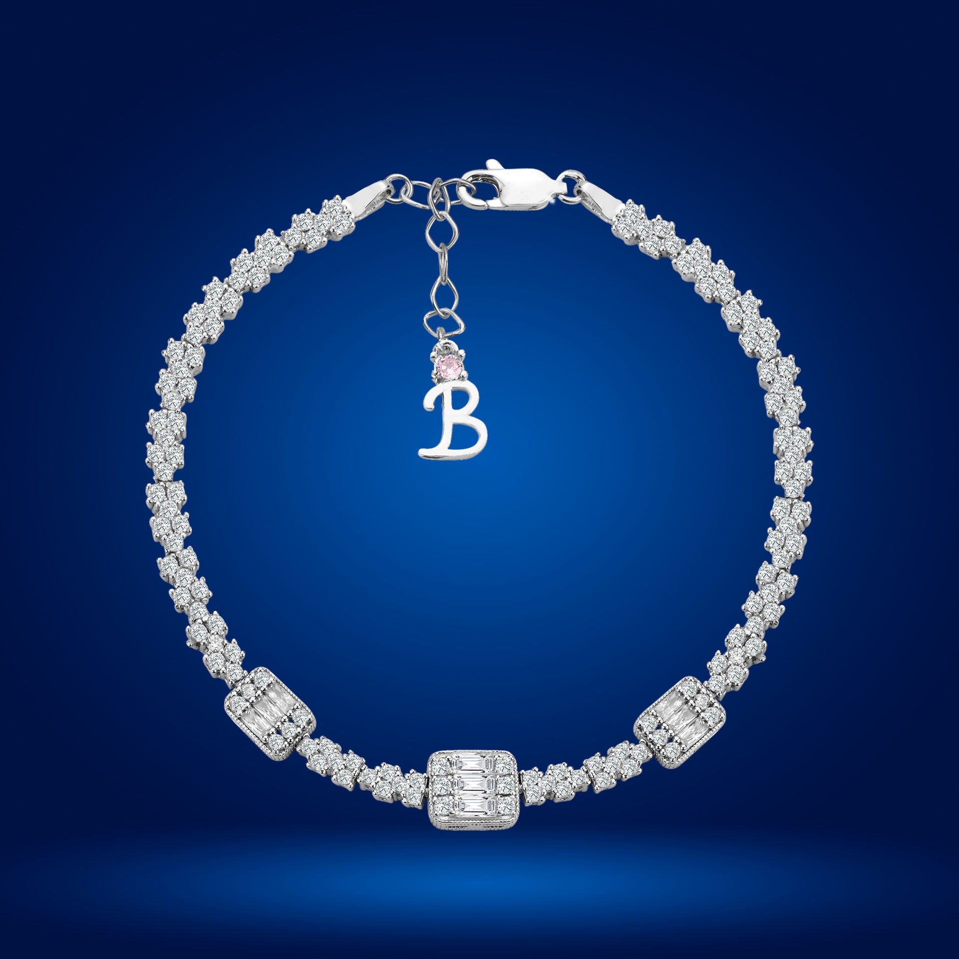 925 Ayar Gümüş Pırlanta Montürlü Baget Taşlı Zincir Harfli Su Yolu Bileklik B
