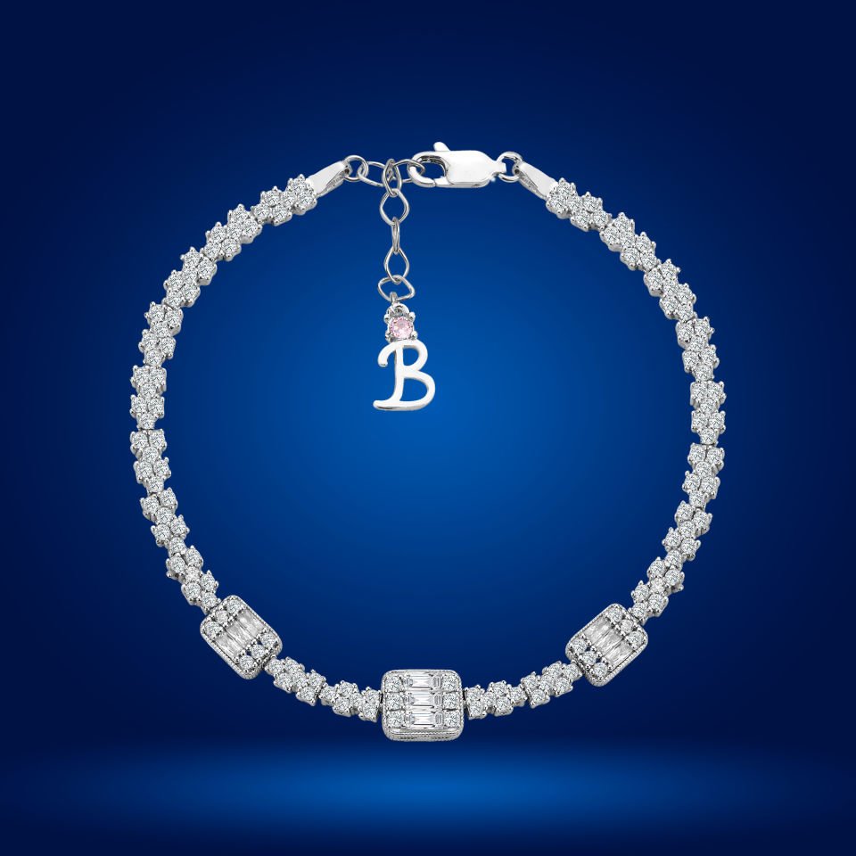 925 Ayar Gümüş Pırlanta Montürlü Baget Taşlı Zincir Harfli Su Yolu Bileklik B