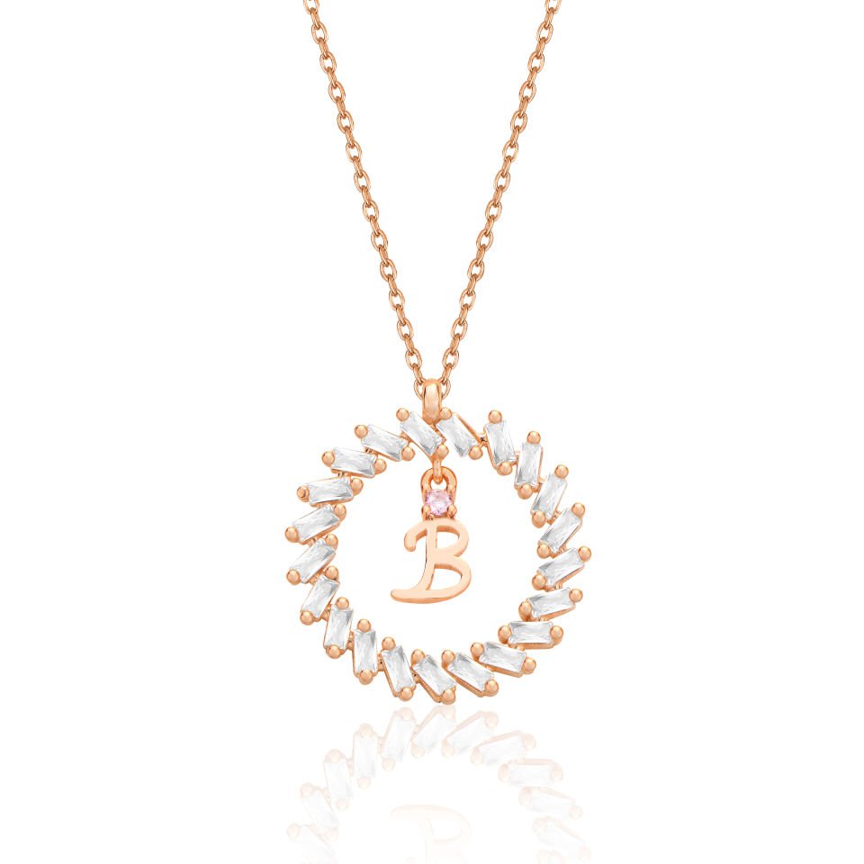 925 Ayar Gümüş Ful Taşlı Daire İçi Harfli Hayalet Kolye B