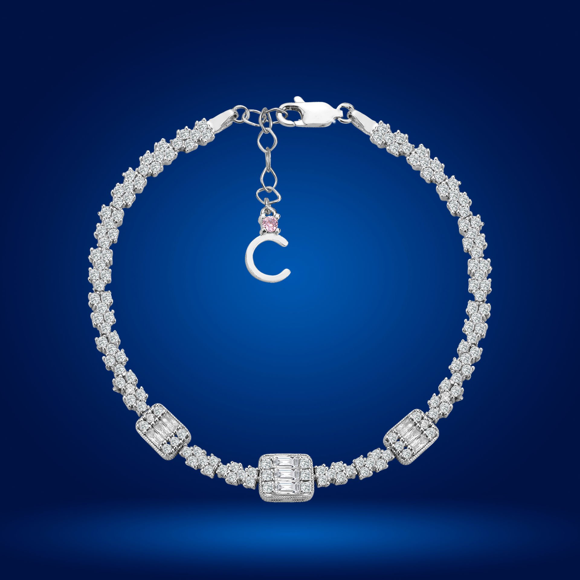 925 Ayar Gümüş Pırlanta Montürlü Baget Taşlı Zincir Harfli Su Yolu Bileklik C