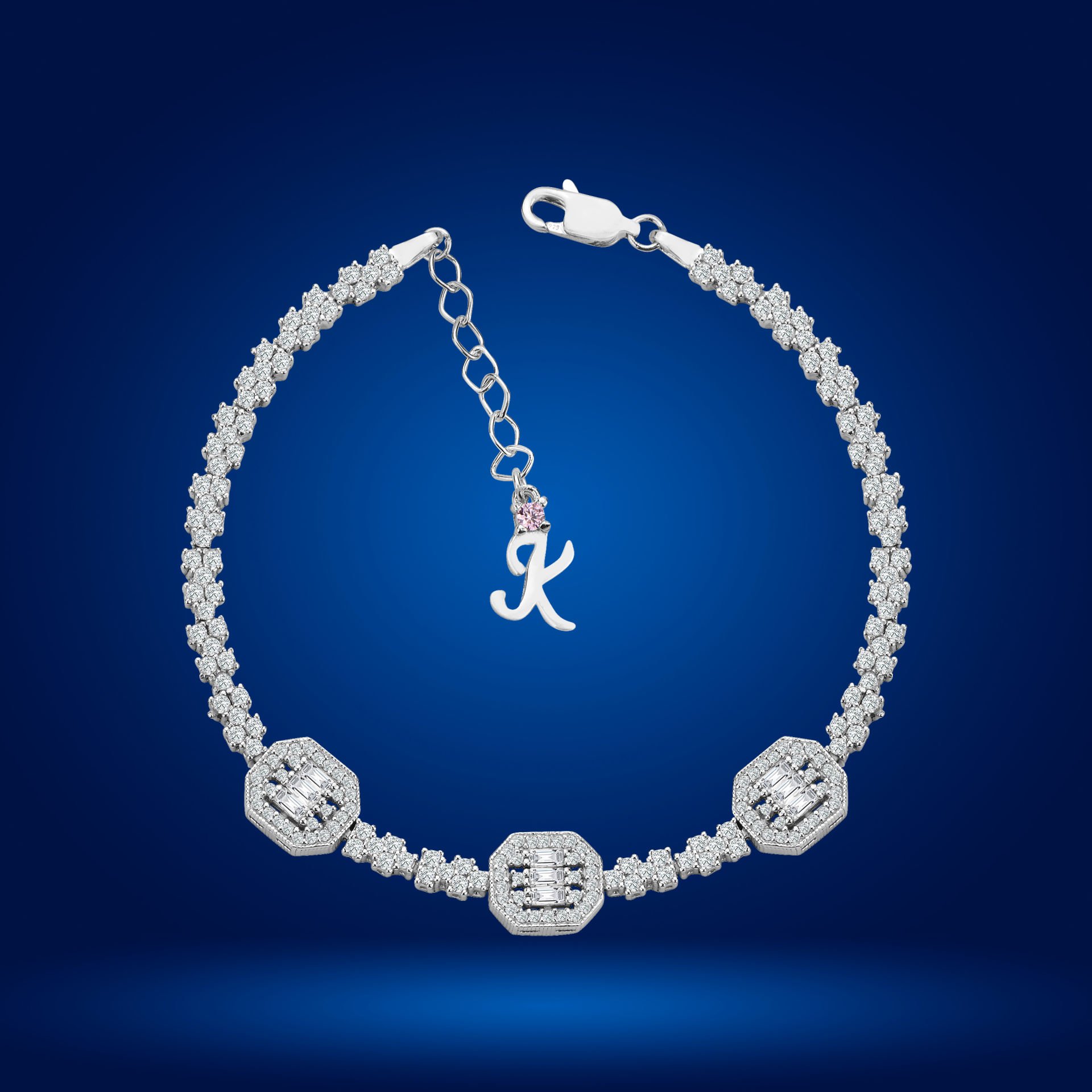 925 Ayar Gümüş Üçlü Baget Model Zincir Harfli Su Yolu Bileklik K