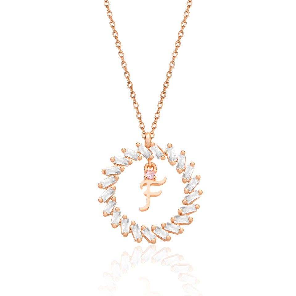 925 Ayar Gümüş Ful Taşlı Daire İçi Harfli Hayalet Kolye F