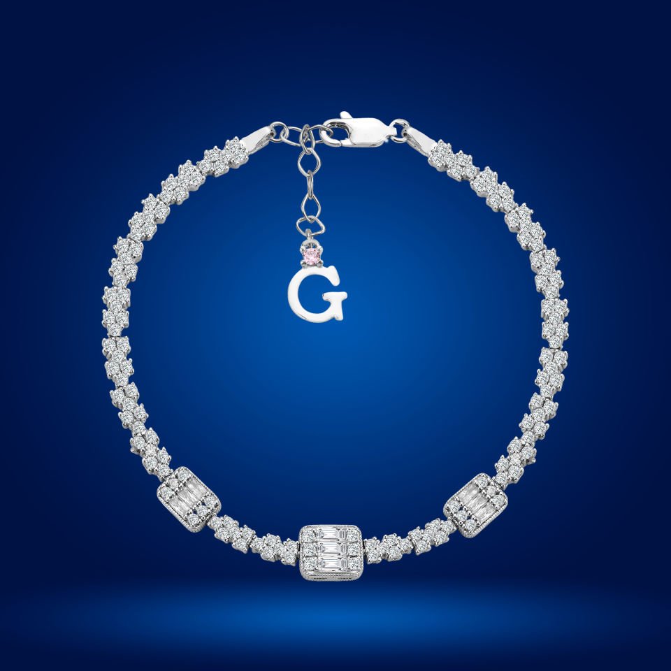 925 Ayar Gümüş Pırlanta Montürlü Baget Taşlı Zincir Harfli Su Yolu Bileklik G