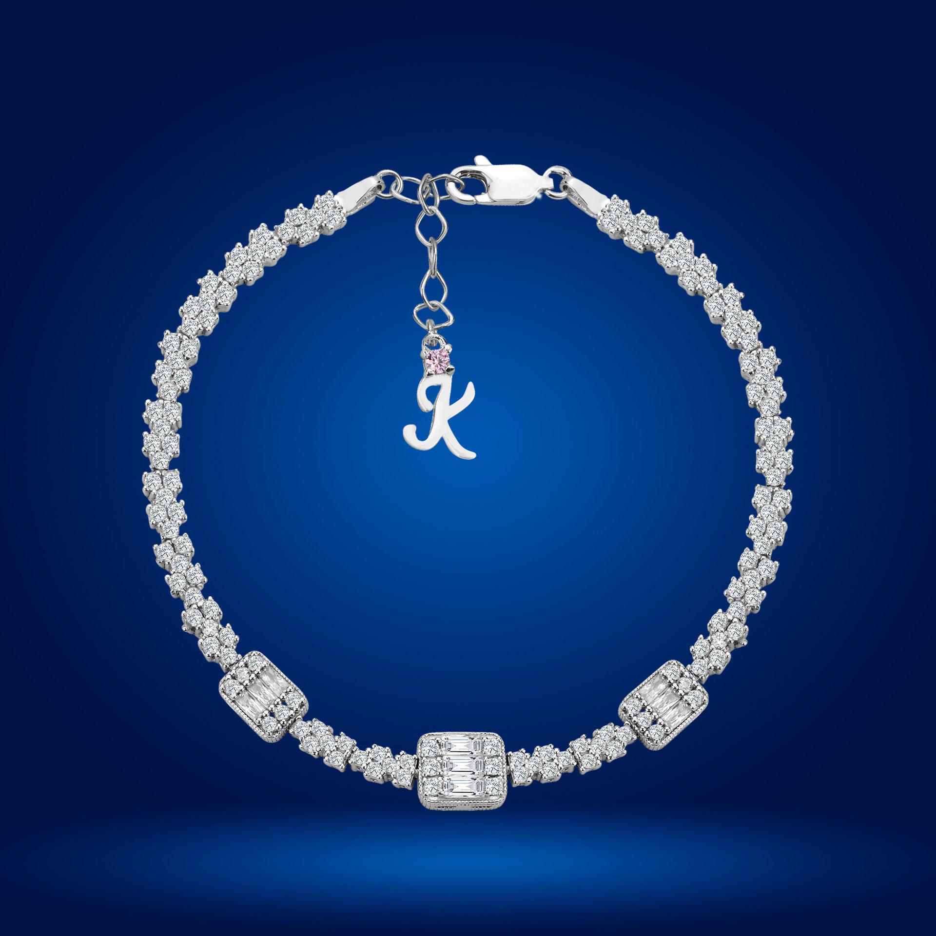 925 Ayar Gümüş Pırlanta Montürlü Baget Taşlı Zincir Harfli Su Yolu Bileklik K