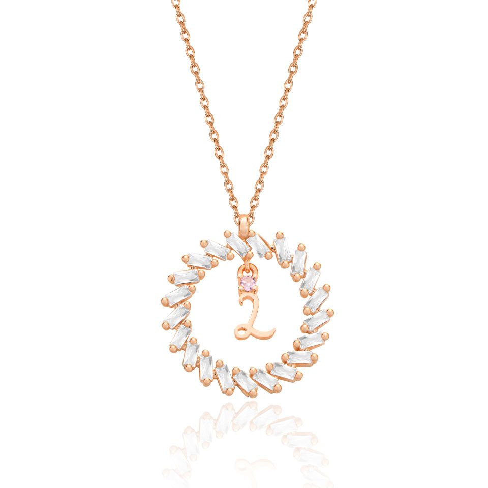 925 Ayar Gümüş Ful Taşlı Daire İçi Harfli Hayalet Kolye L