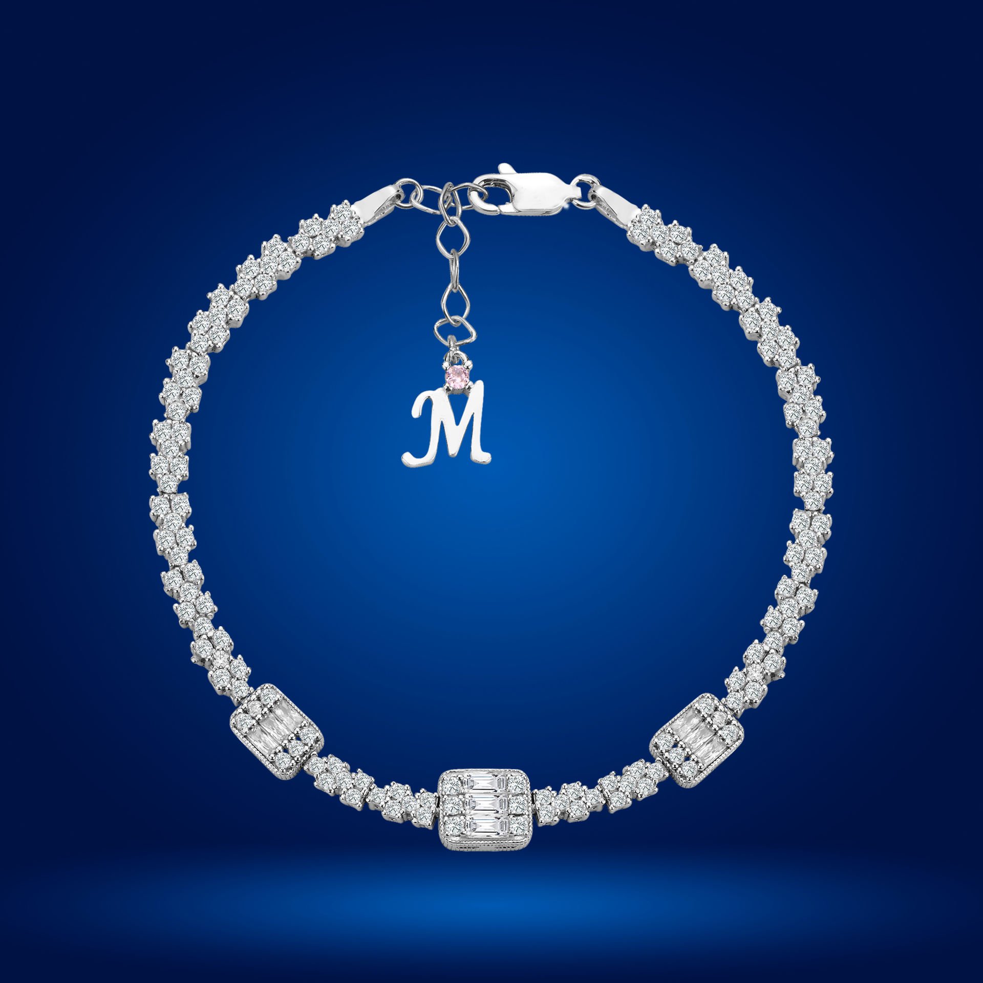 925 Ayar Gümüş Pırlanta Montürlü Baget Taşlı Zincir Harfli Su Yolu Bileklik M