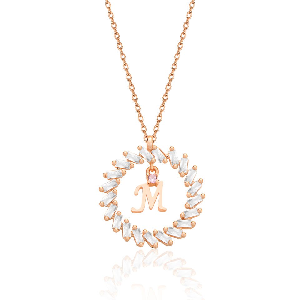 925 Ayar Gümüş Ful Taşlı Daire İçi Harfli Hayalet Kolye M