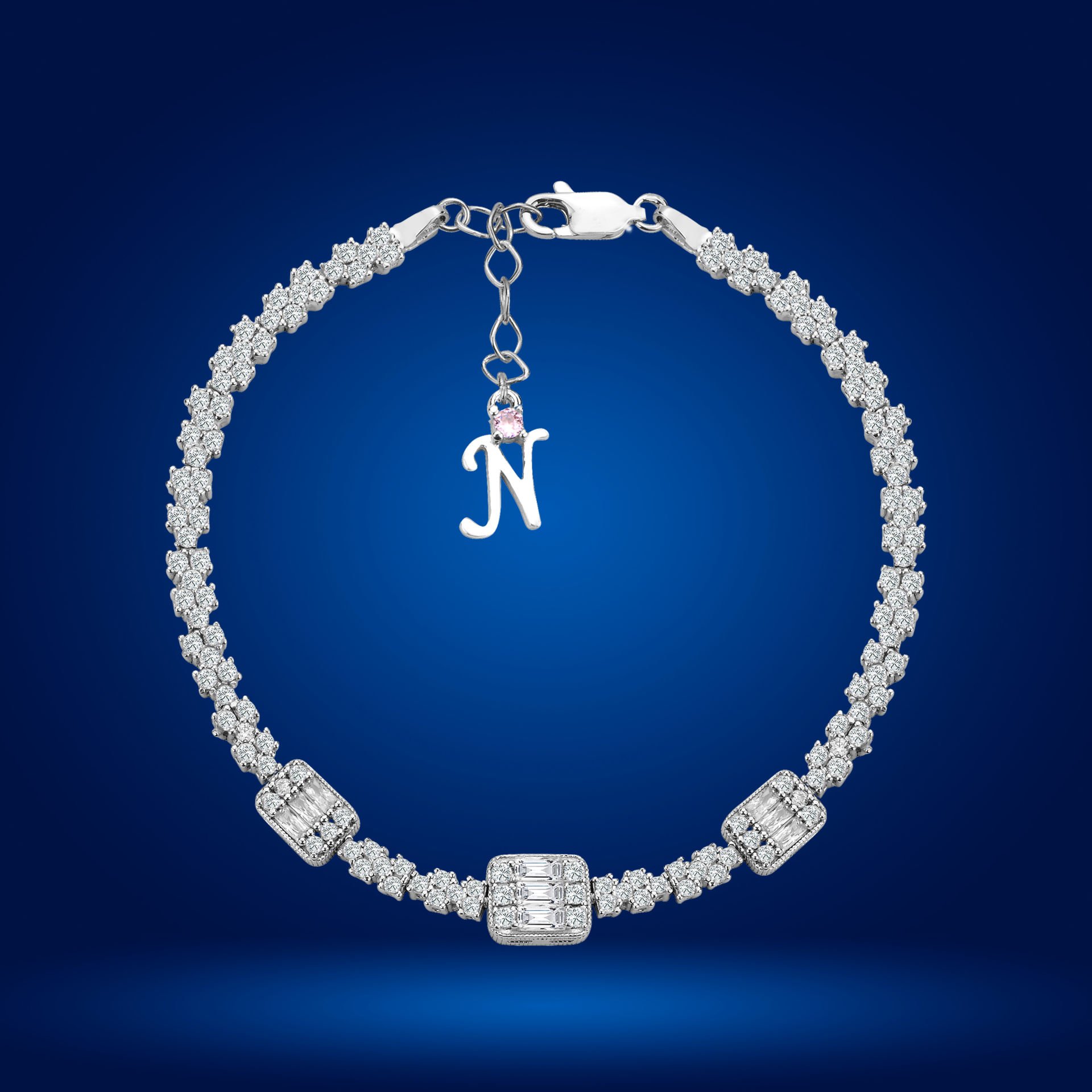 925 Ayar Gümüş Pırlanta Montürlü Baget Taşlı Zincir Harfli Su Yolu Bileklik N