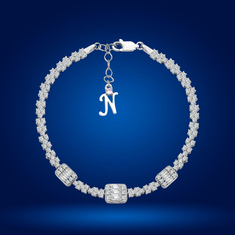 925 Ayar Gümüş Pırlanta Montürlü Baget Taşlı Zincir Harfli Su Yolu Bileklik N