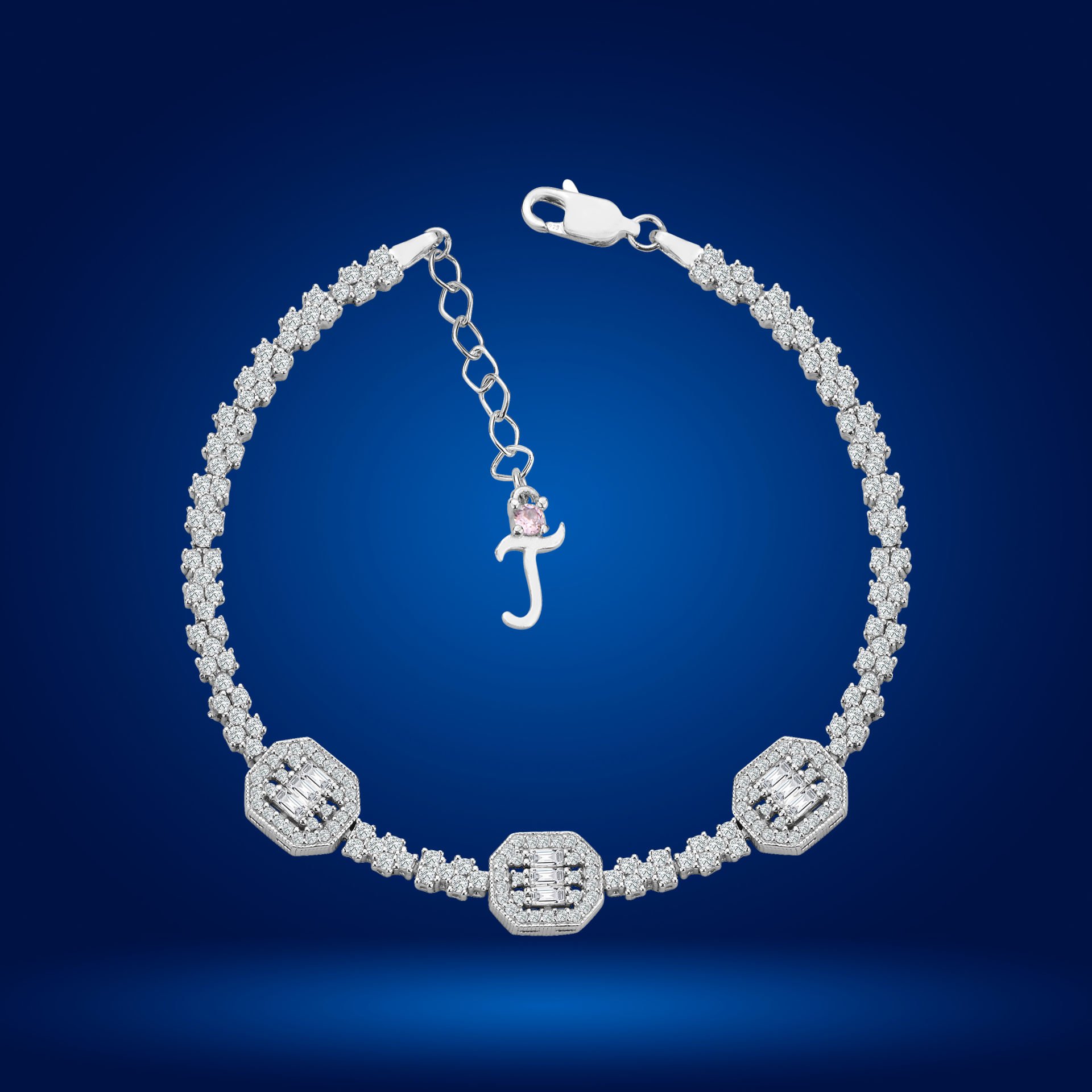 925 Ayar Gümüş Üçlü Baget Model Zincir Harfli Su Yolu Bileklik T