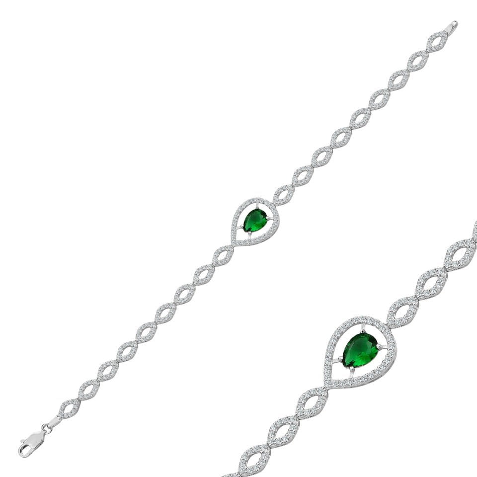 925 Ayar Gümüş Göz Şekilli Yeşil Damla Harfli Su Yolu Bileklik