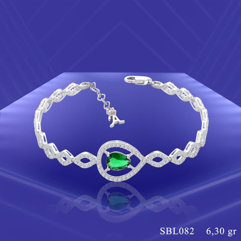 925 Ayar Gümüş Göz Şekilli Yeşil Damla Harfli Su Yolu Bileklik