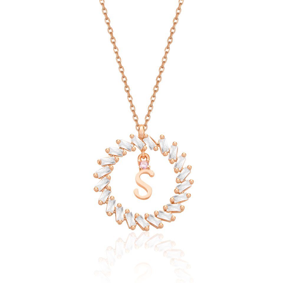 925 Ayar Gümüş Ful Taşlı Daire İçi Harfli Hayalet Kolye S