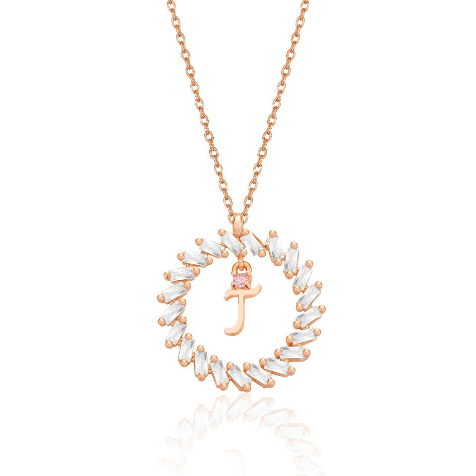 925 Ayar Gümüş Ful Taşlı Daire İçi Harfli Hayalet Kolye T