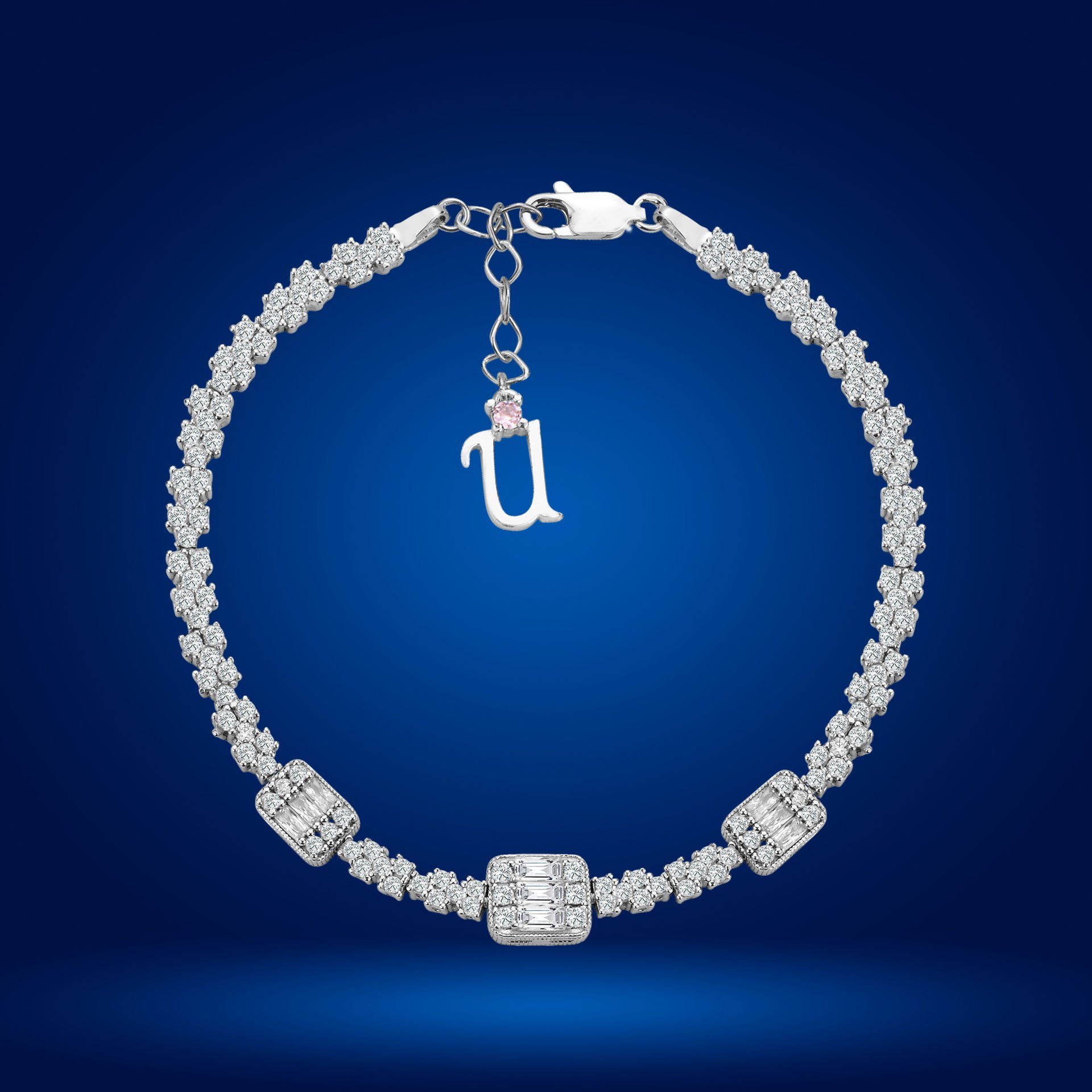 925 Ayar Gümüş Pırlanta Montürlü Baget Taşlı Zincir Harfli Su Yolu Bileklik U