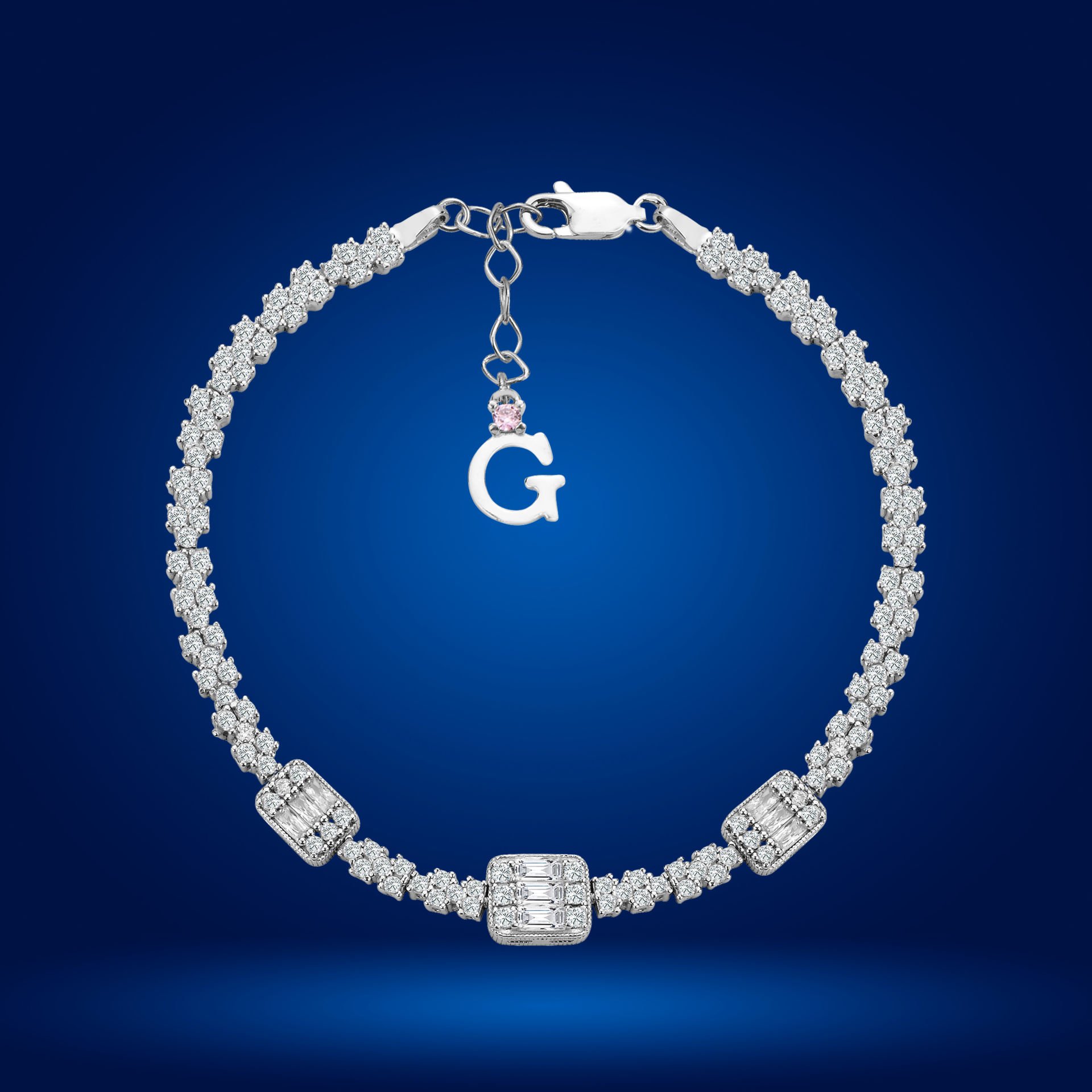 925 Ayar Gümüş Pırlanta Montürlü Baget Taşlı Zincir Harfli Su Yolu Bileklik Ğ