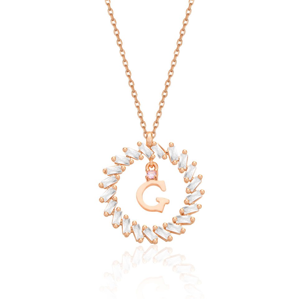 925 Ayar Gümüş Ful Taşlı Daire İçi Harfli Hayalet Kolye Ğ