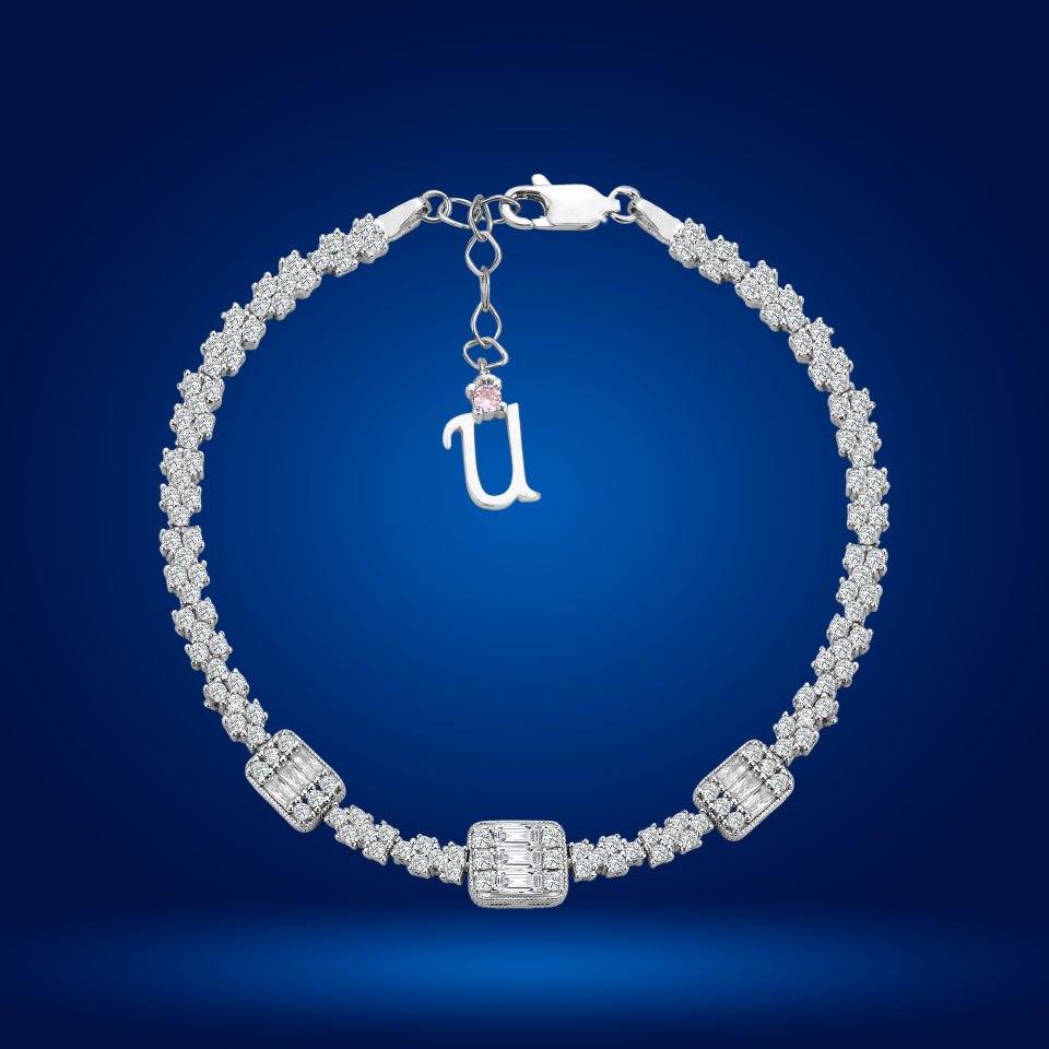 925 Ayar Gümüş Pırlanta Montürlü Baget Taşlı Zincir Harfli Su Yolu Bileklik Ü