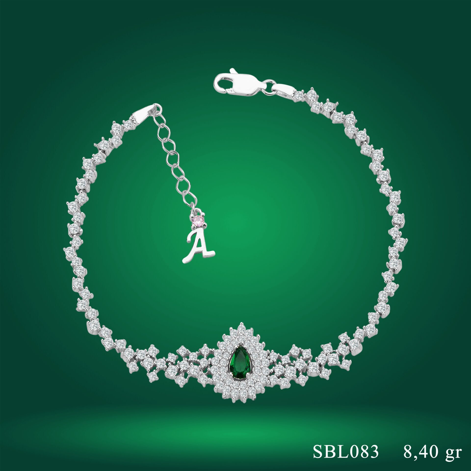 925 Ayar Gümüş Hürrem Yeşil Damla Taşlı Harfli Su Yolu Bileklik