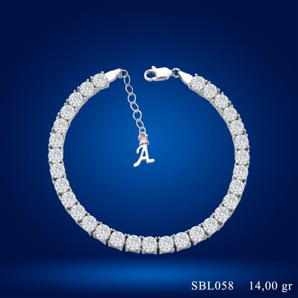 925 Ayar Gümüş 5 MM Pırlanta Kare Taşlı Zincir Harfli Su Yolu Bileklik