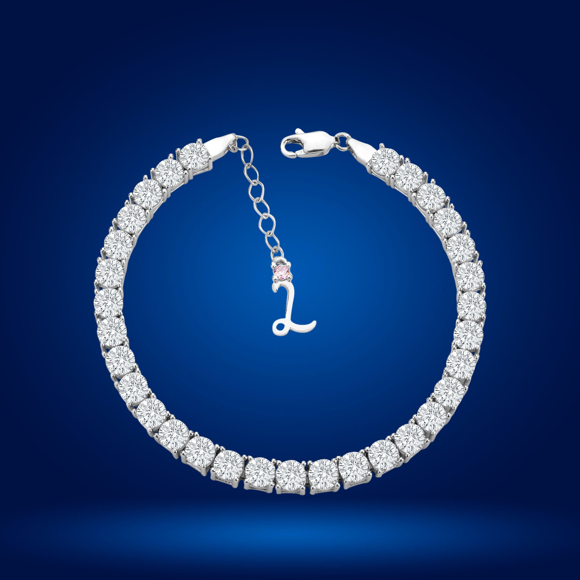 925 Ayar Gümüş 5 MM Pırlanta Kare Taşlı Zincir Harfli Su Yolu Bileklik L