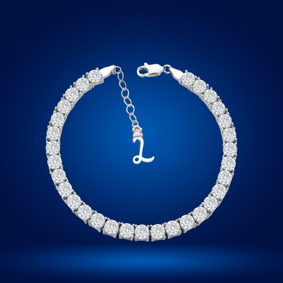 925 Ayar Gümüş 5 MM Pırlanta Kare Taşlı Zincir Harfli Su Yolu Bileklik L