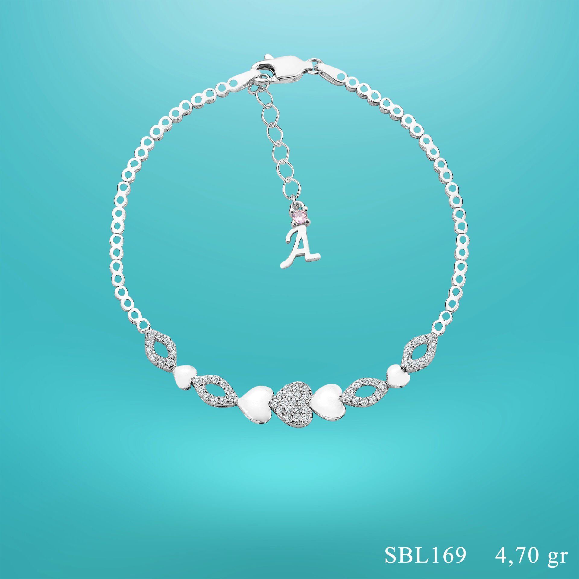 925 Ayar Gümüş Kalp Model Zincir Harfli Su Yolu Bileklik