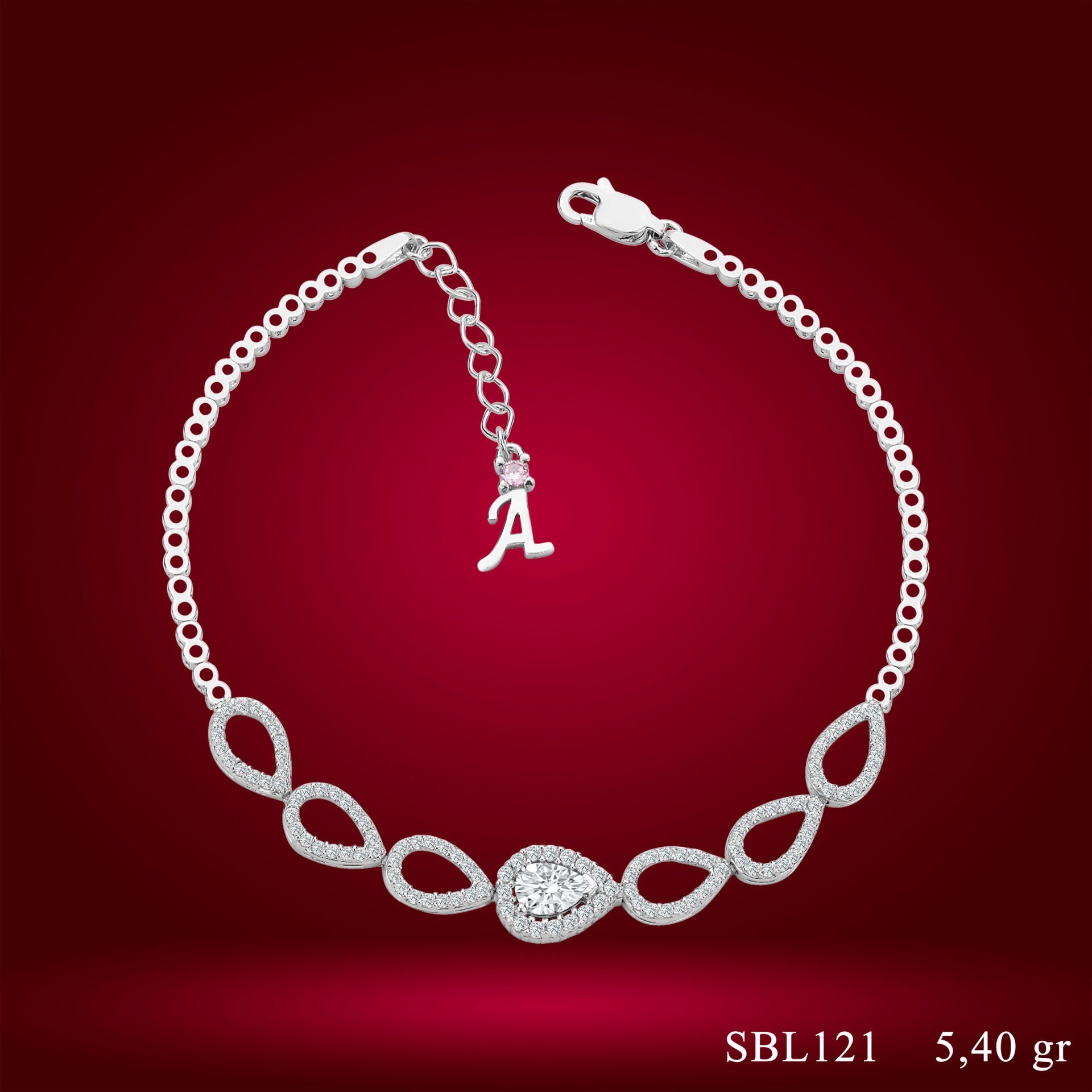 925 Ayar Gümüş Damla Taş Zincir Harfli Su Yolu Bileklik