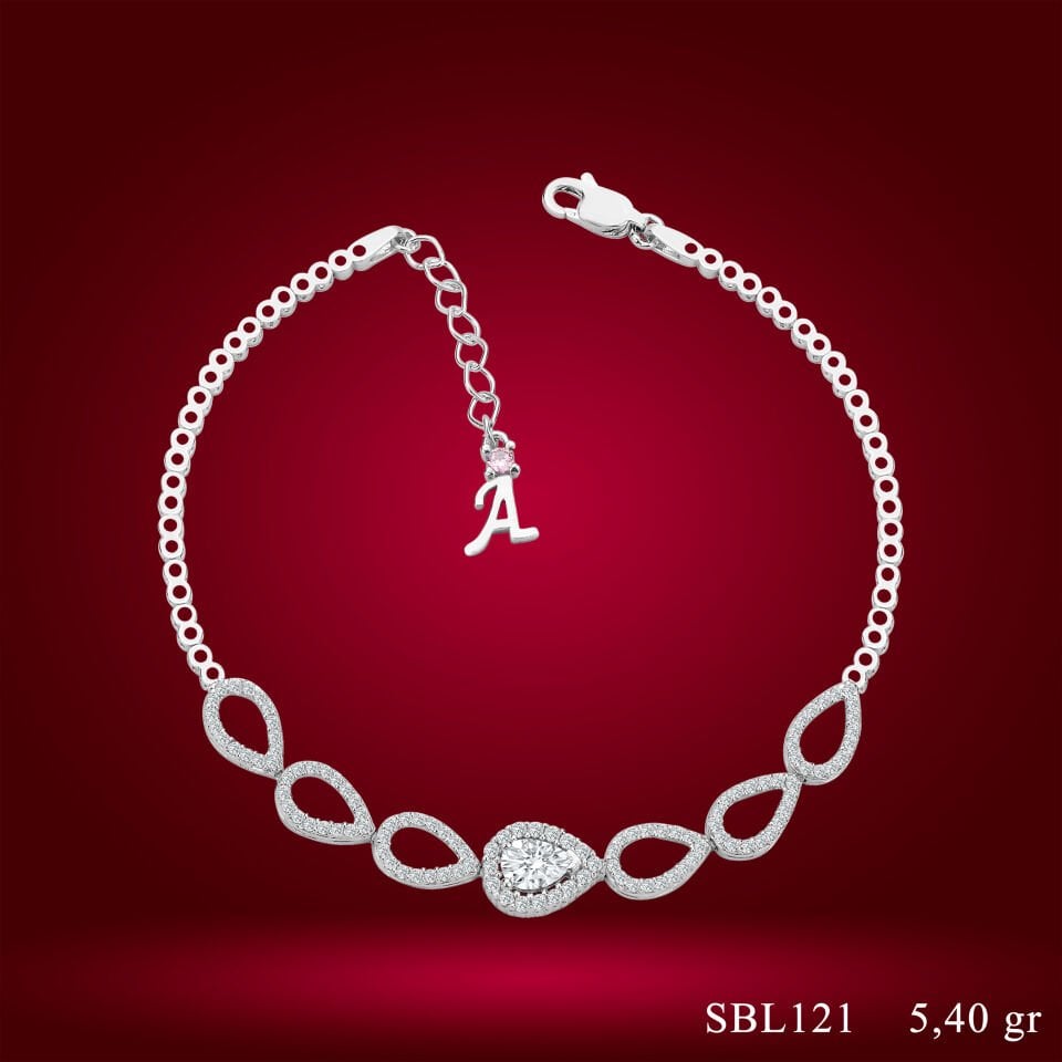 925 Ayar Gümüş Damla Taş Zincir Harfli Su Yolu Bileklik