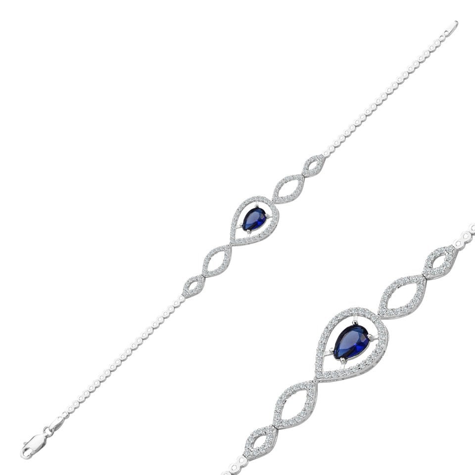 925 Ayar Gümüş Mavi Damla Taşlı Harfli Su Yolu Bileklik